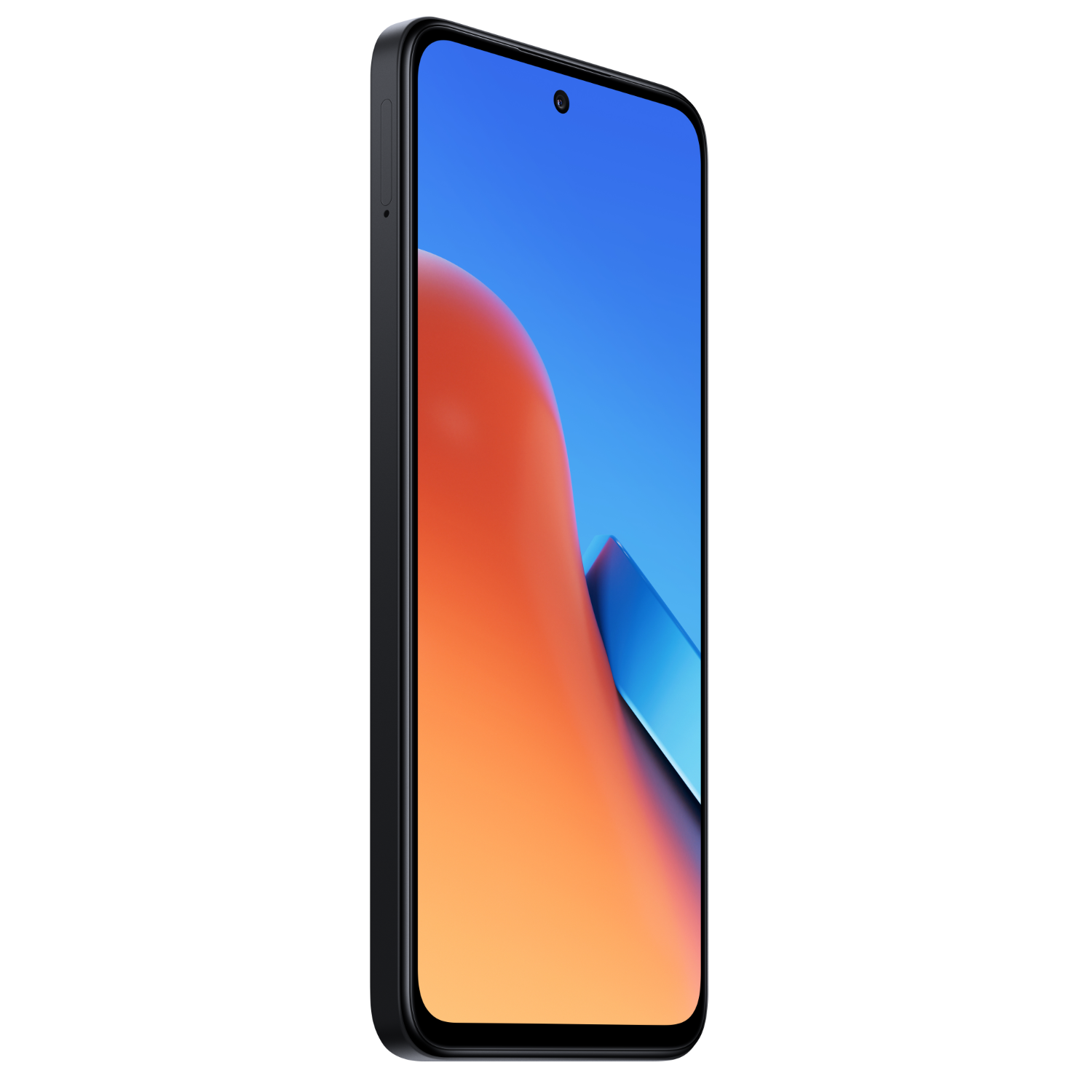 Een zwarte smartphone schuin, met een kleurrijk scherm met een blauwe en oranje gradiënt, op een zwarte achtergrond.