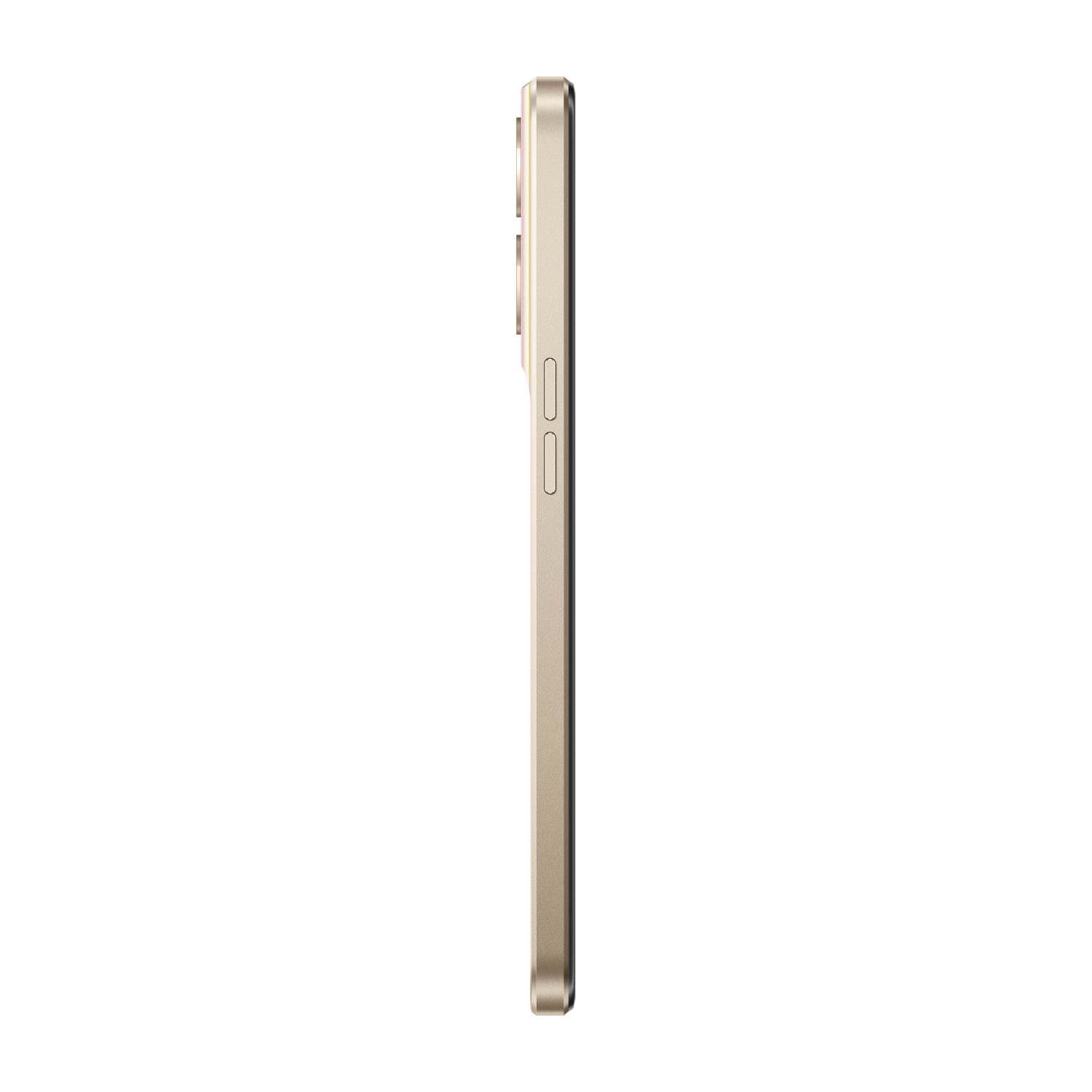 Seitenansicht eines goldfarbenen Smartphones mit schwarzem Bildschirm und Knöpfen.