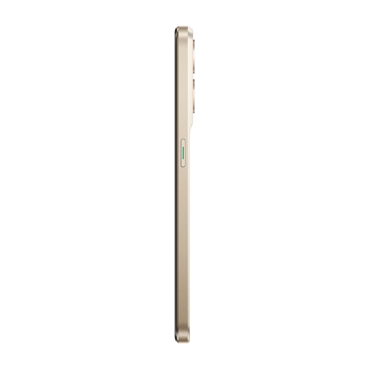 Seitenansicht eines goldenen Smartphones mit grünem Knopf und schwarzem Hintergrund.