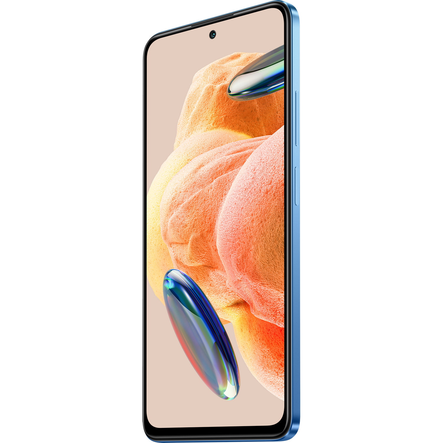 Ein blaues Smartphone, angewinkelt, zeigt einen Bildschirm mit abstrakten orangefarbenen und blauen Formen.