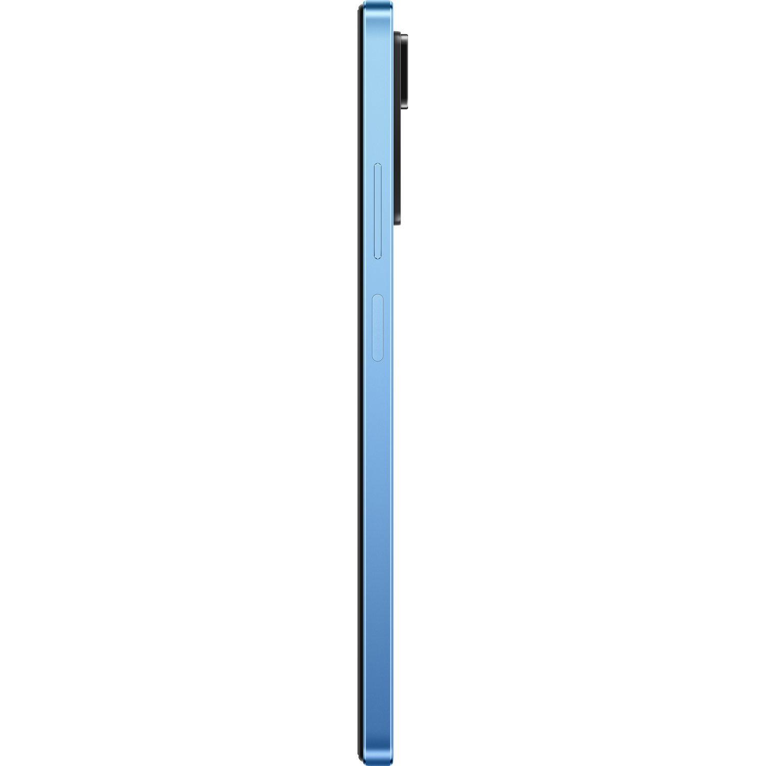 Seitenansicht eines blauen Smartphones. Die Seite hat Knöpfe und eine Kamerahöcker.