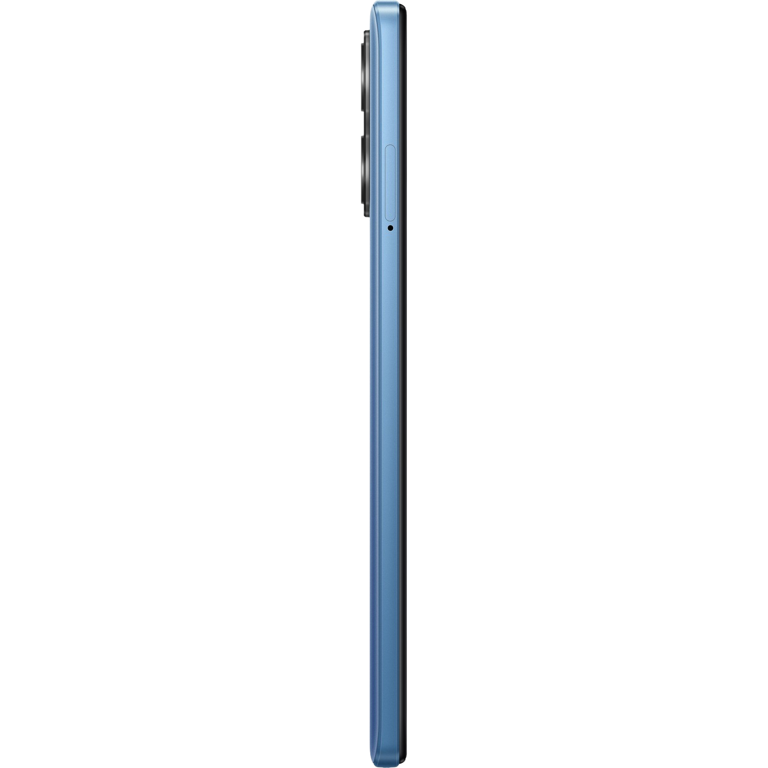 Seitenansicht eines blauen Smartphones mit schwarzem Bildschirm und Kameramodul.