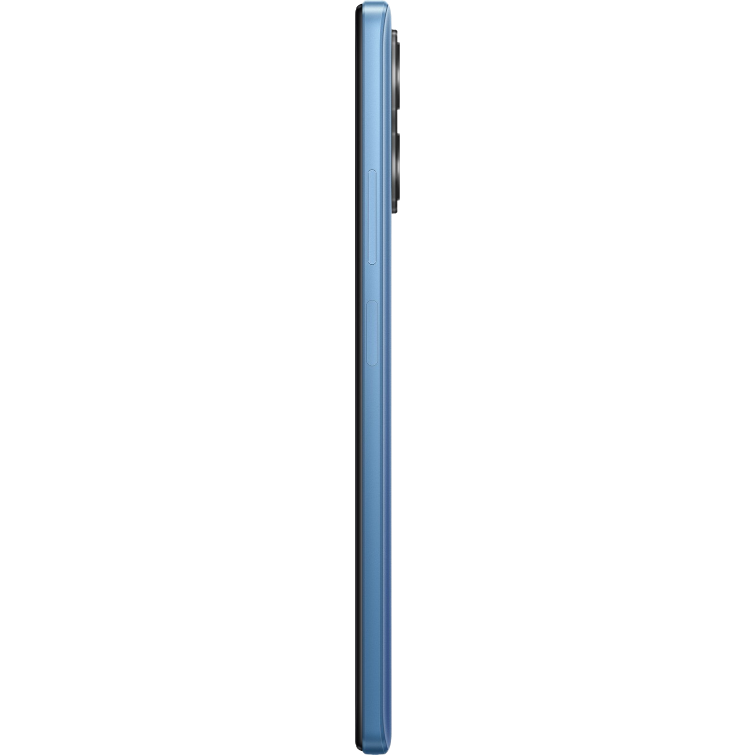 Seitenansicht eines blauen Smartphones mit Kameraerhebung und schlankem Profil. Schwarzer Hintergrund.