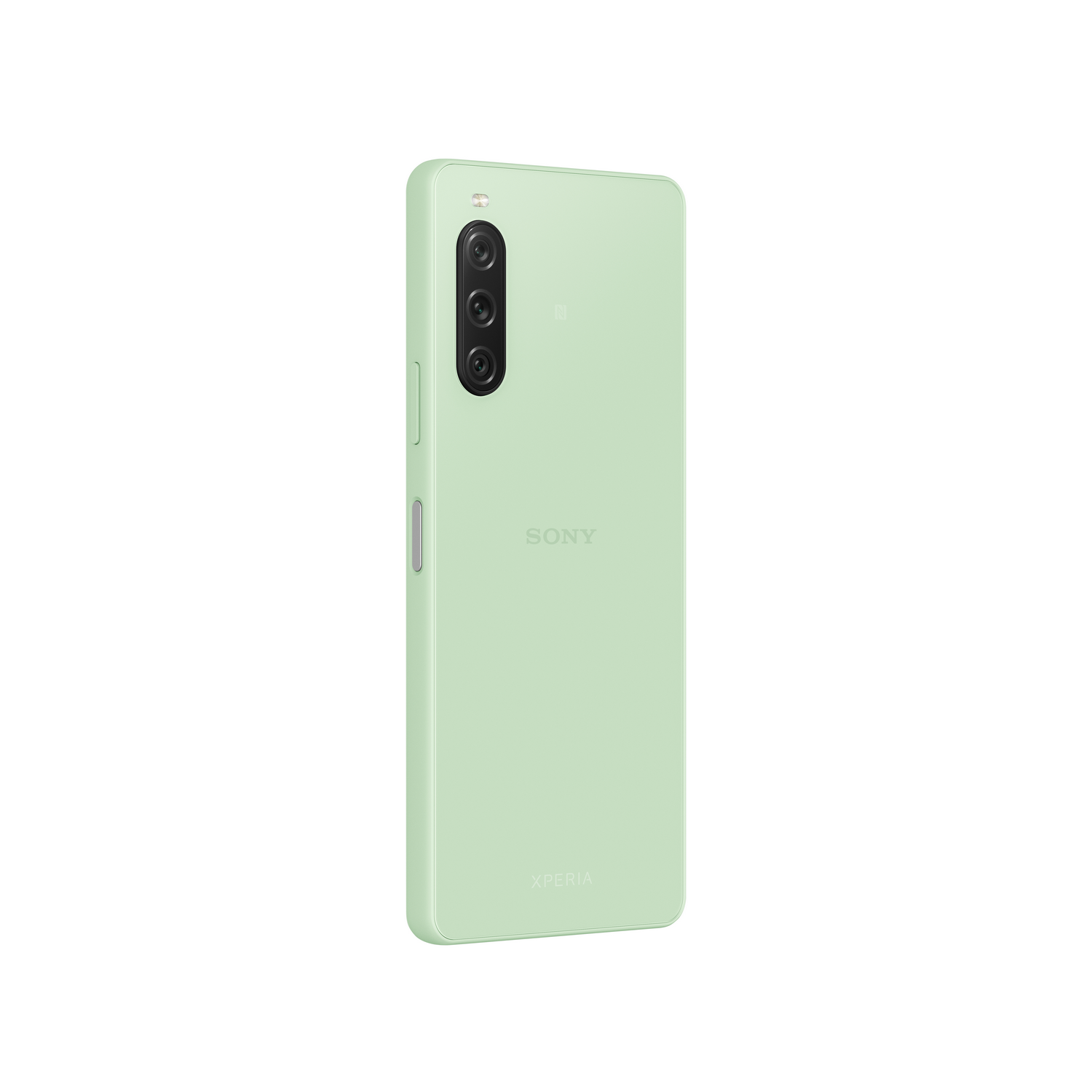 Ein hellgrünes Sony Xperia Telefon von hinten auf weißem Hintergrund.