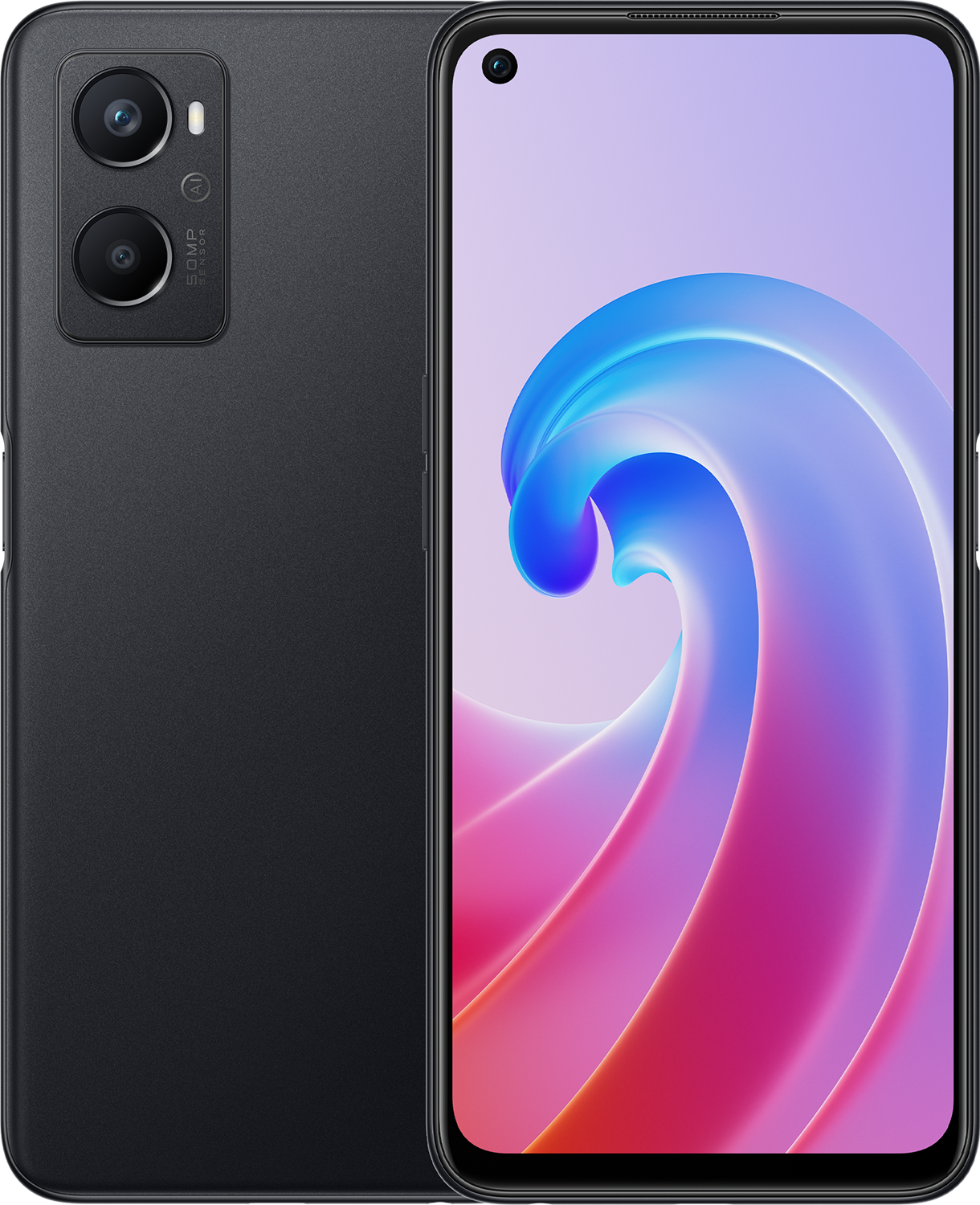 Smartphone noir avec double caméra et fond d'écran abstrait et coloré.