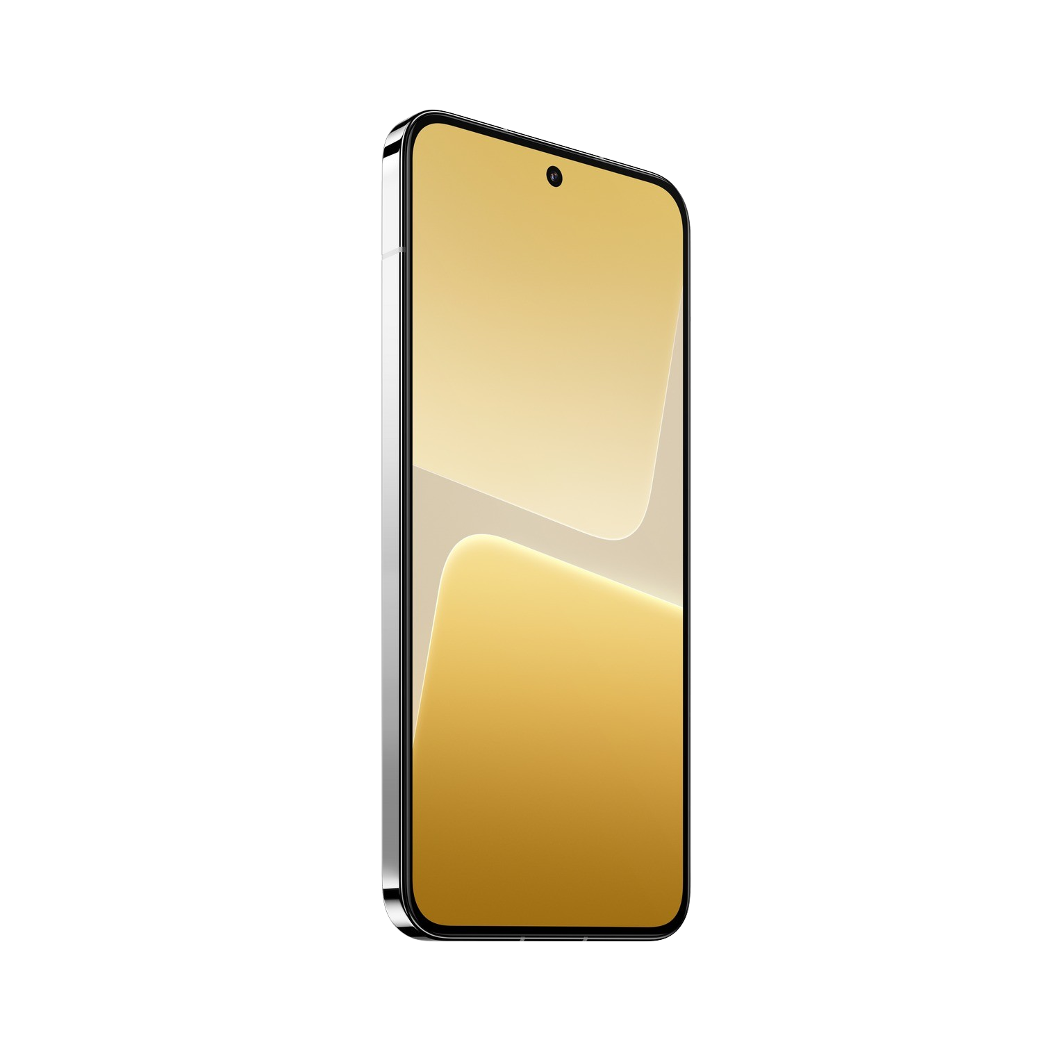 Een gouden telefoon op een zwart oppervlak. Het scherm toont een lichtgoud en wit ontwerp.