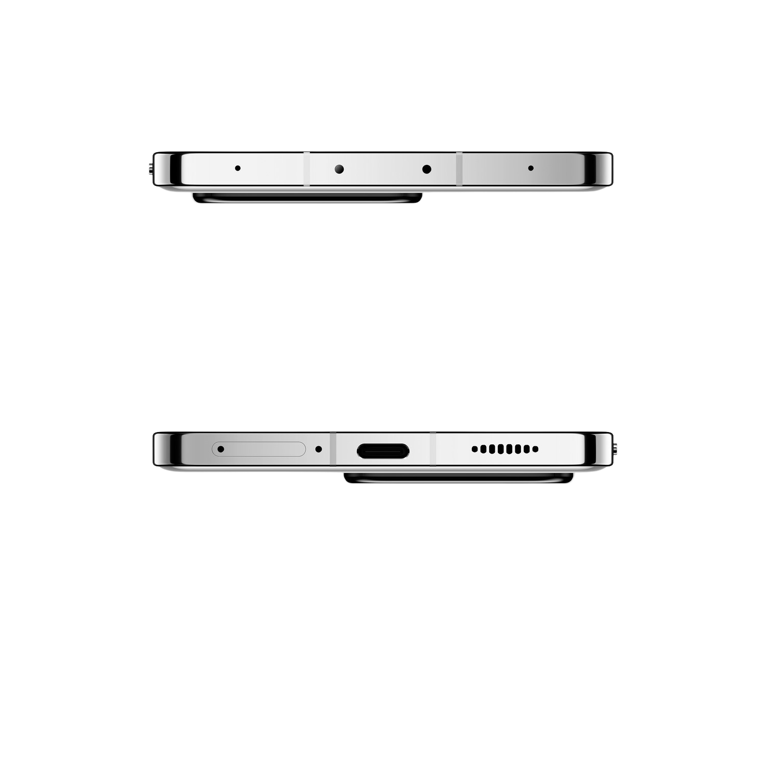 Bovenaanzicht en onderaanzicht van een zilveren smartphone met camera's en poorten.