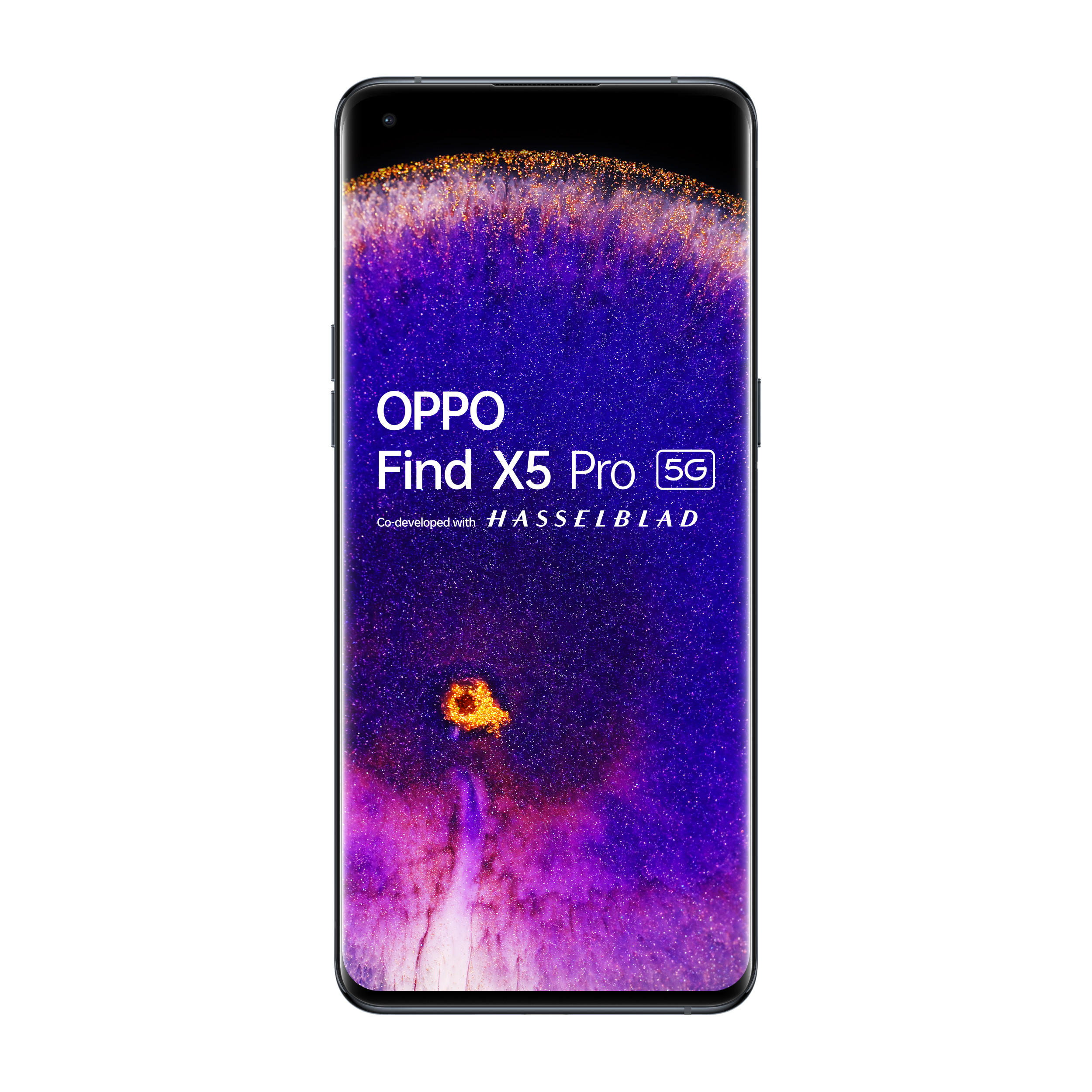 Telefono OPPO Find X5 Pro 5G. Schermo sfumato viola e oro.