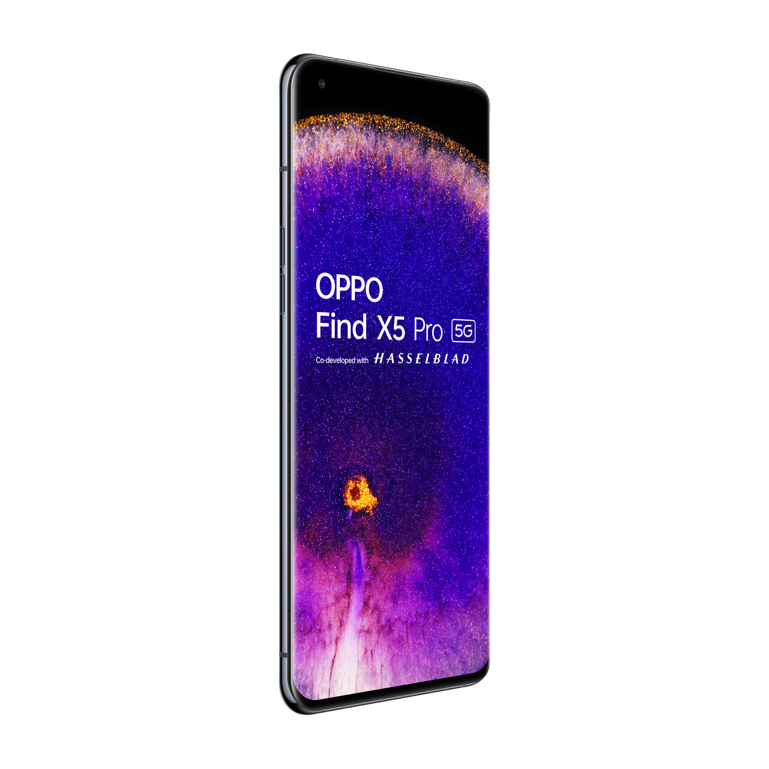 Smartphone con schermo grande, che mostra un'immagine viola e arancione simile a una nebulosa, sfondo nero.