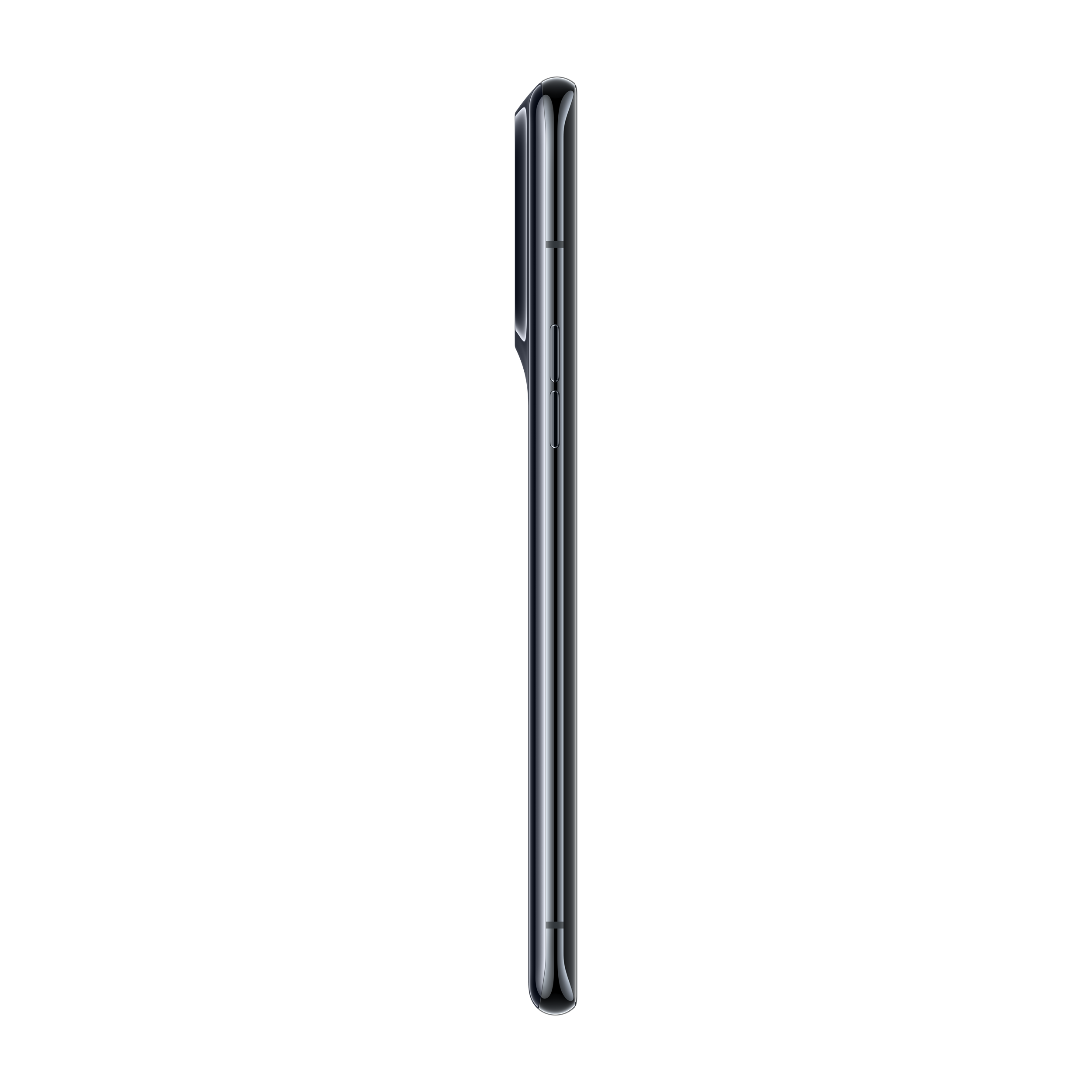 Vista laterale di uno smartphone nero su sfondo nero. Il telefono è elegante e sottile.