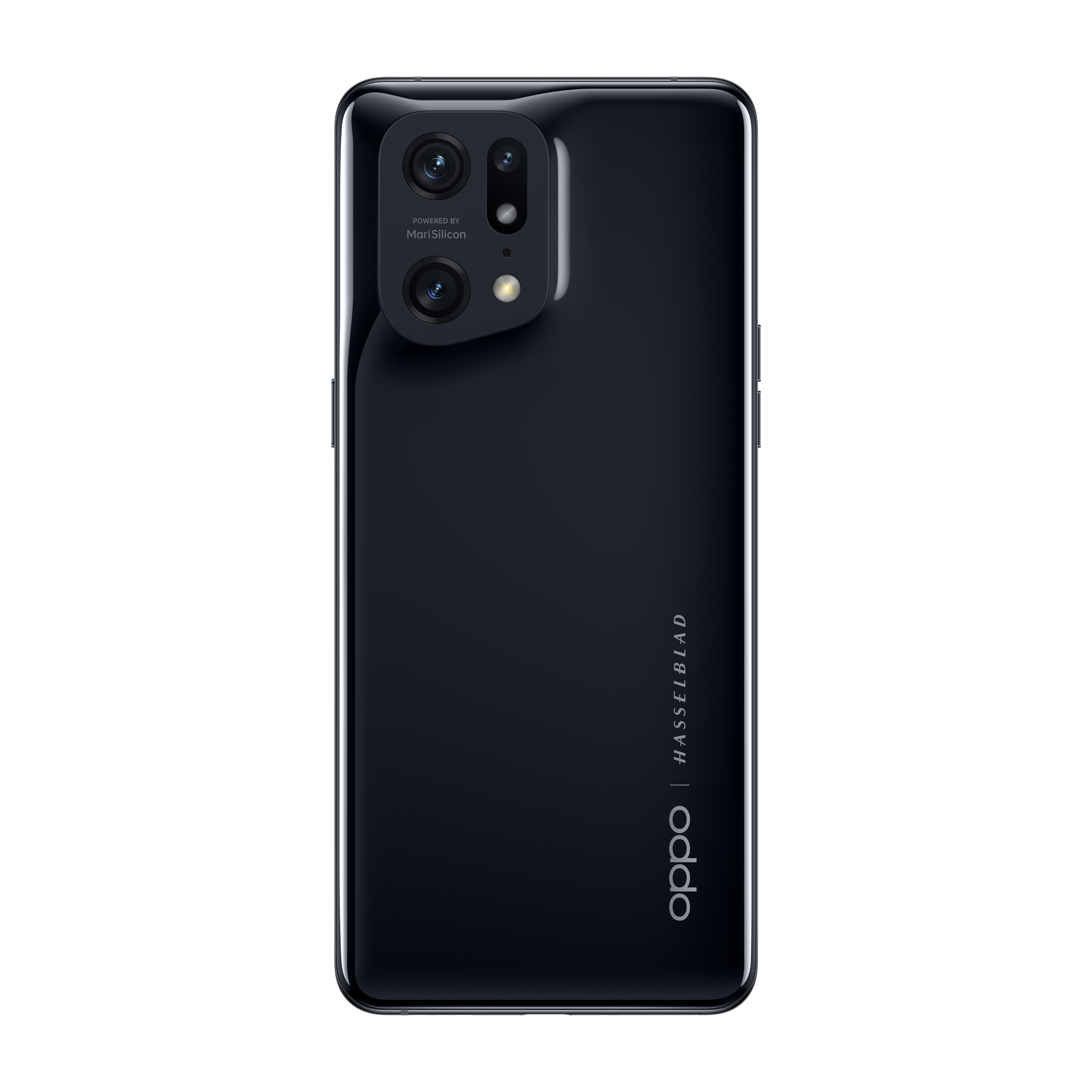 Un telefono nero con tre fotocamere e la parola 'oppo' sul retro.