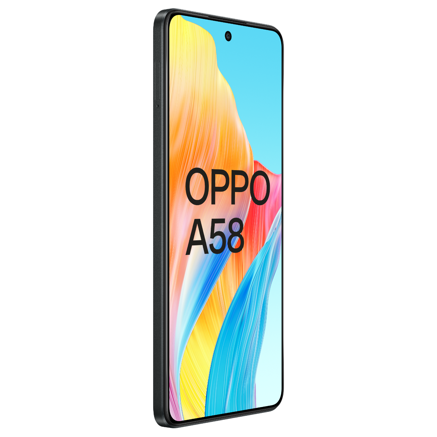 OPPO A58 Telefon mit buntem, abstrakten Hintergrund auf dem Bildschirm, in vertikaler Position gezeigt.
