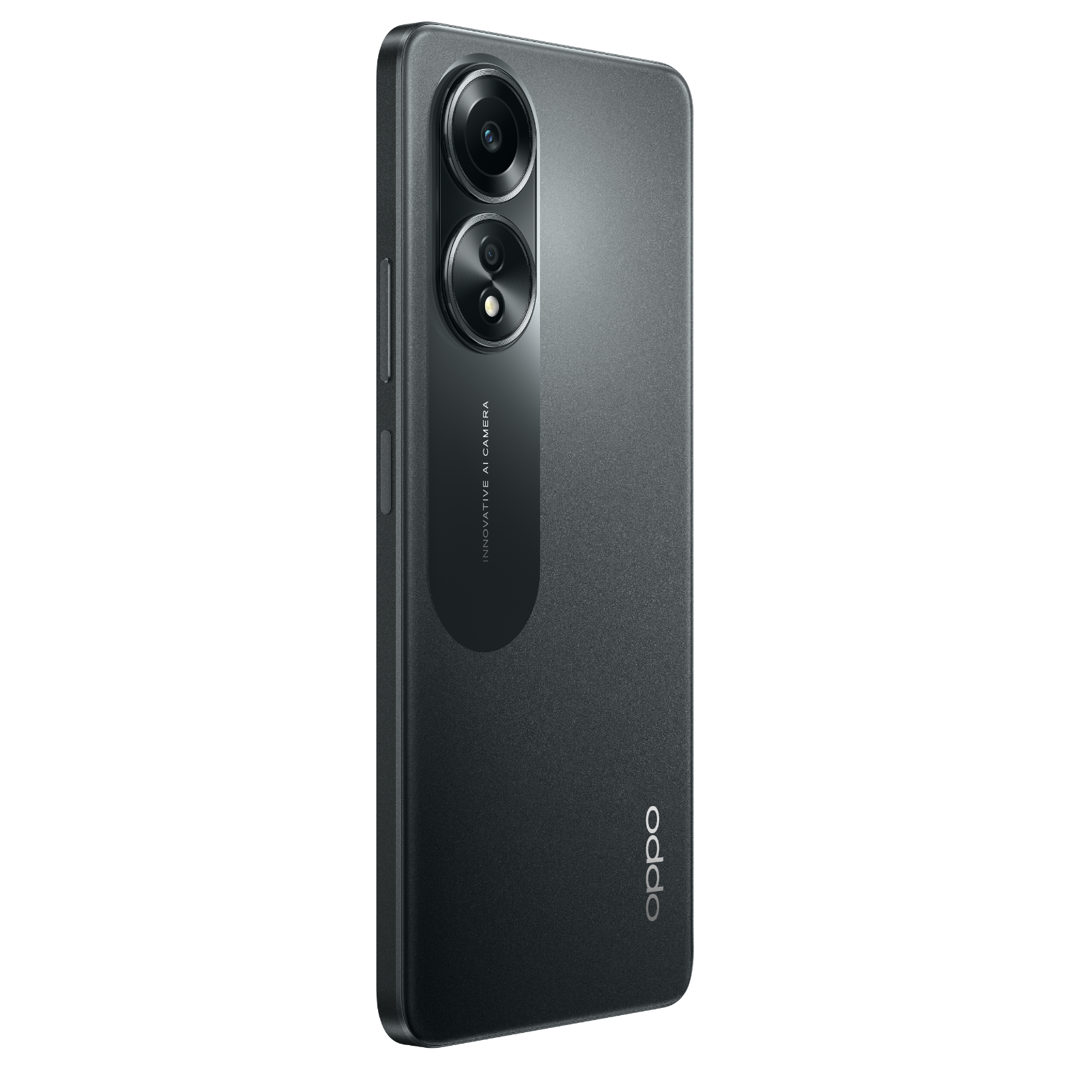Schwarzes Oppo-Telefon zeigt Rückseite mit zwei Kameras und Oppo-Logo auf schwarzem Untergrund.