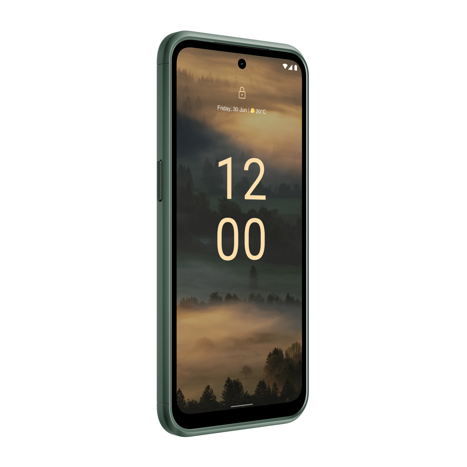 Smartphone verde mostrando la hora 12:00. Fondo de pantalla de paisaje.