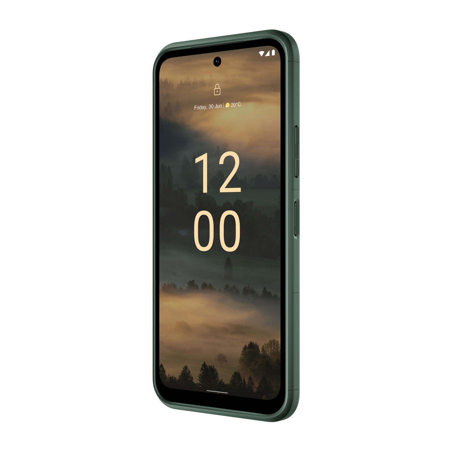 Un smartphone verde muestra la hora 12:00. El fondo es un paisaje brumoso.
