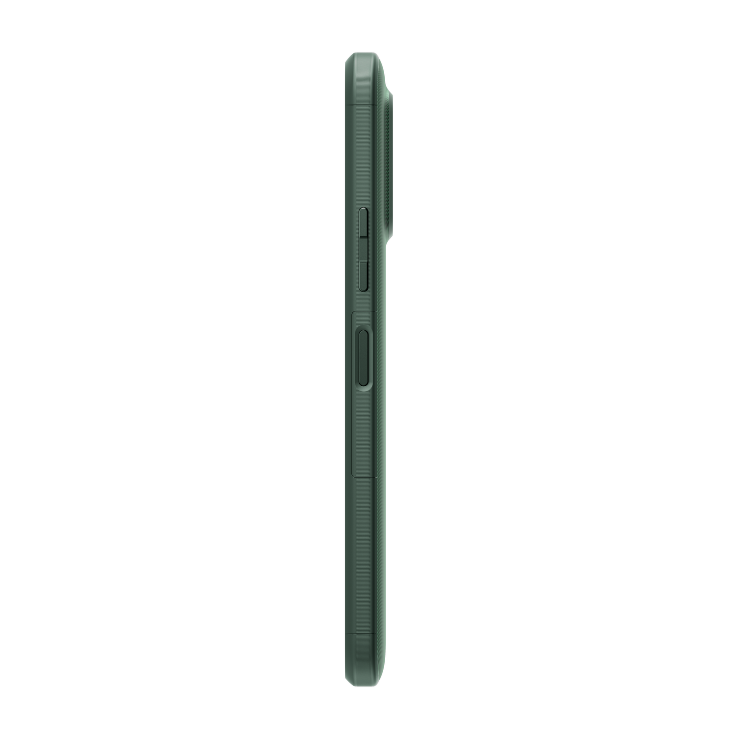 Vista lateral de una funda verde para teléfono, que muestra botones y una cámara.