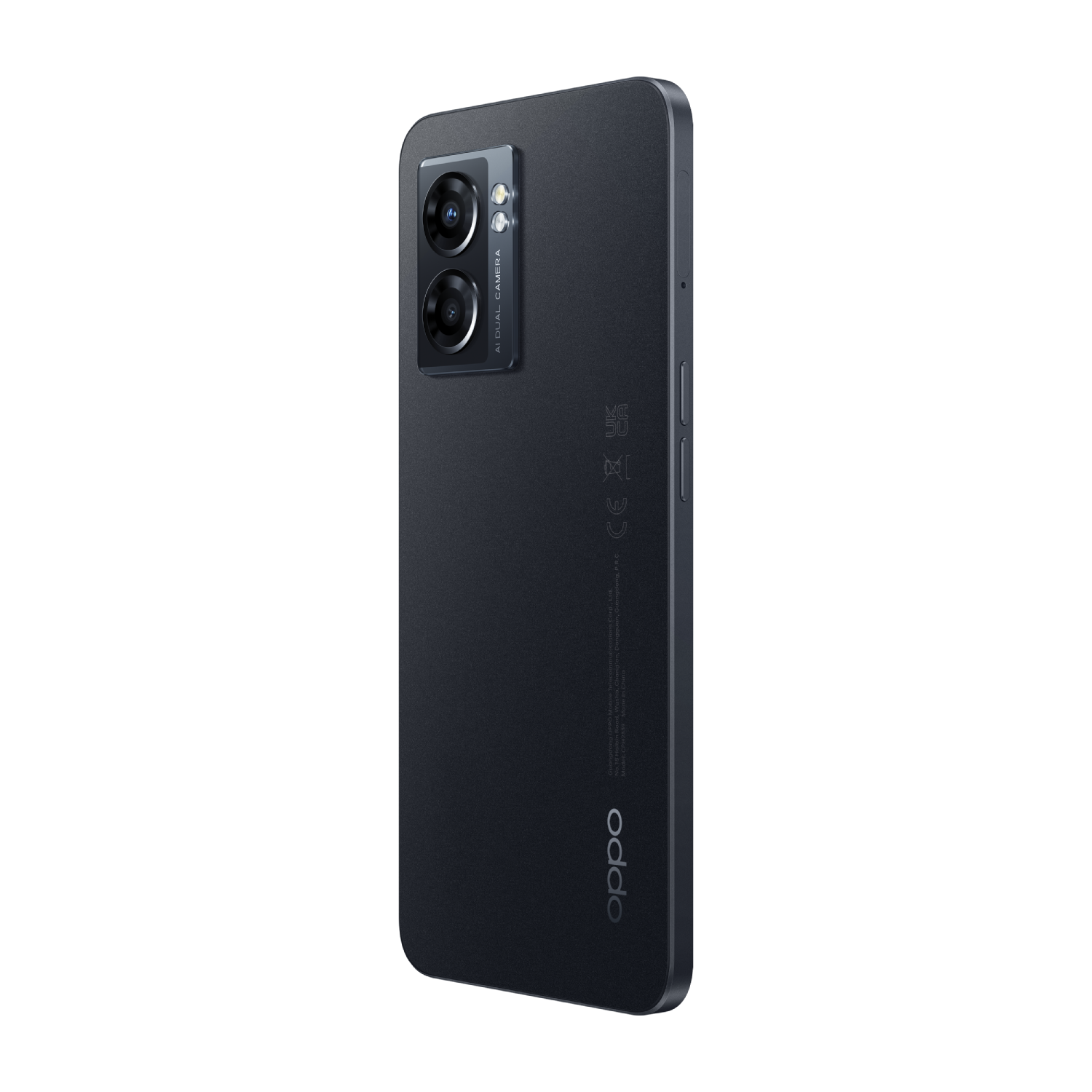 Smartphone negro con cámaras duales, logo Oppo y botones laterales, fondo negro.