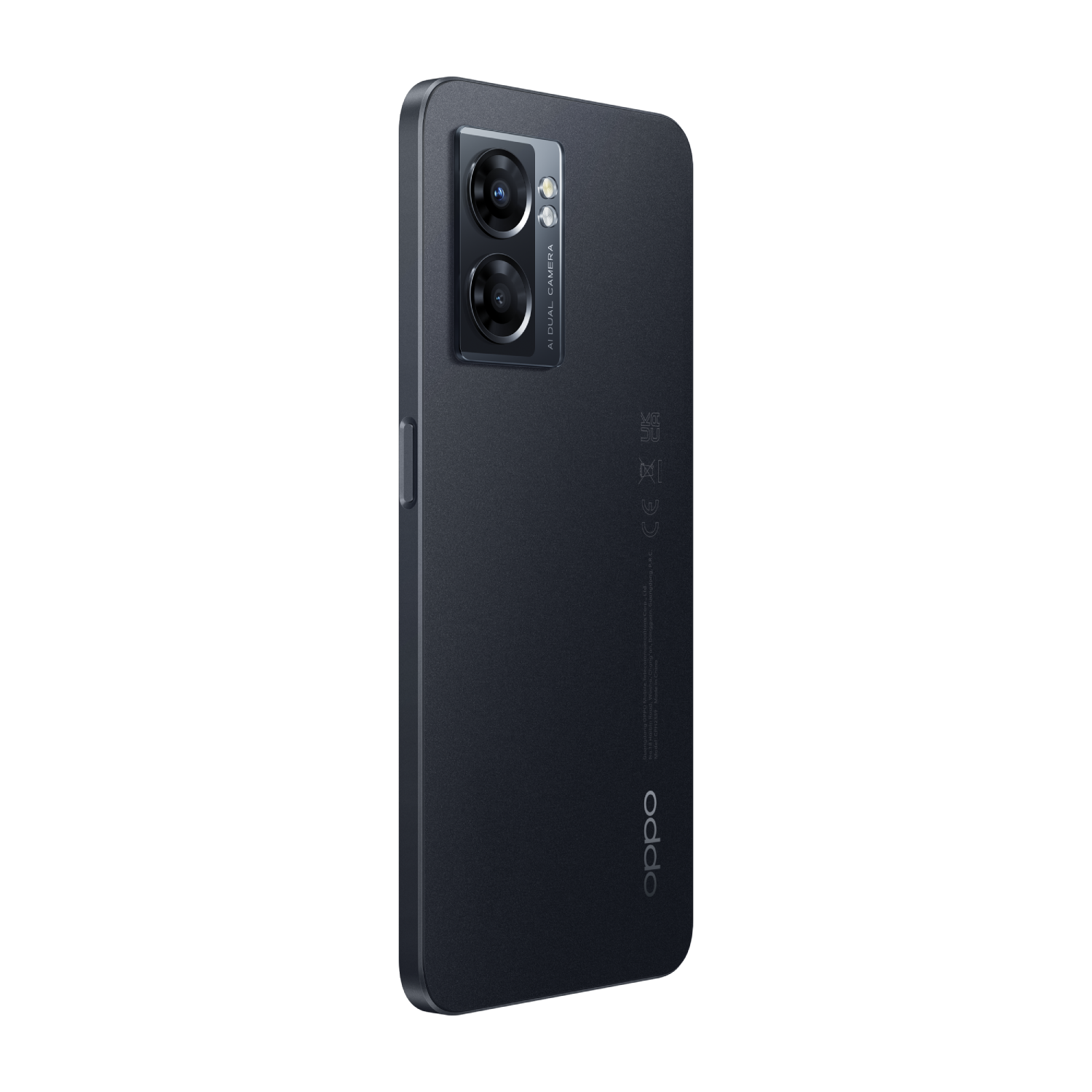 Vista trasera de un teléfono inteligente gris oscuro con dos cámaras y un logotipo.