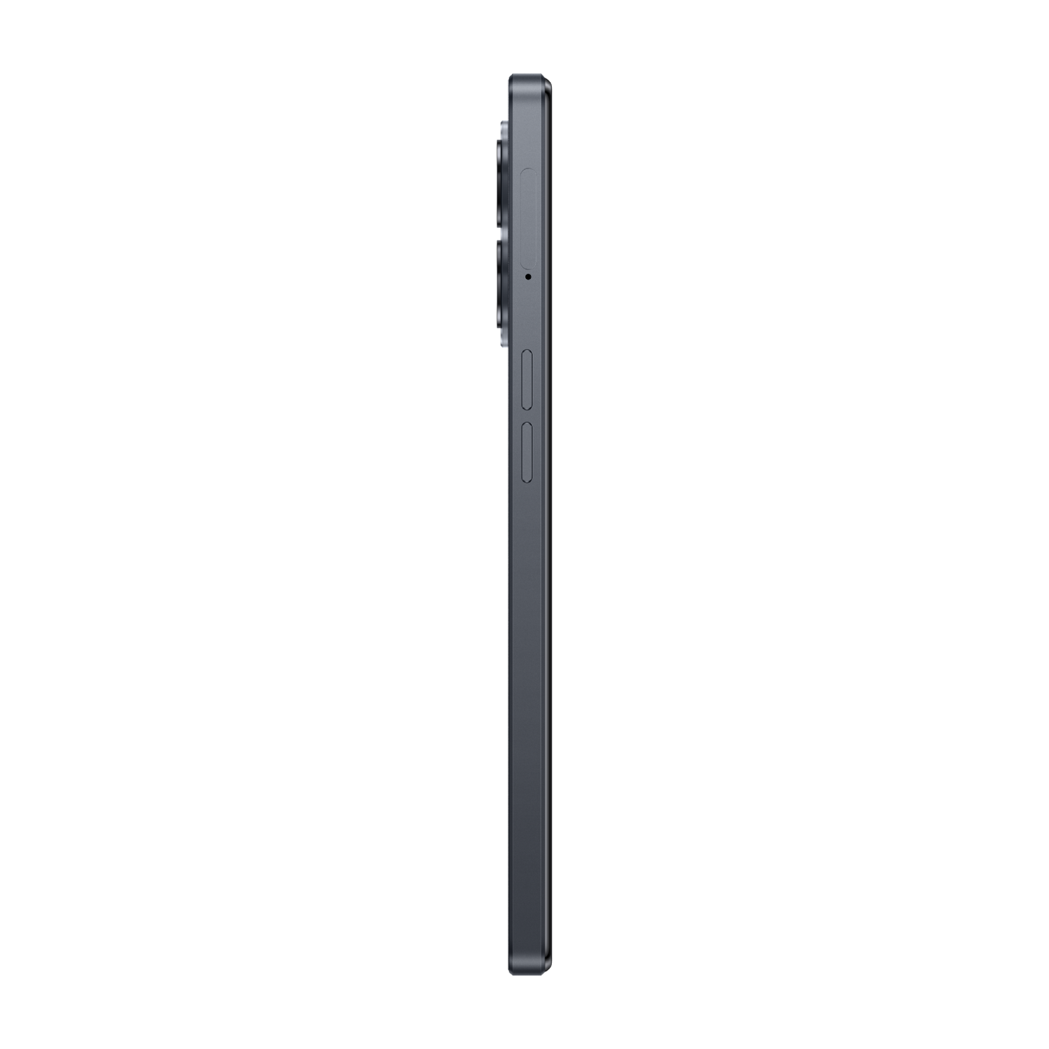 Un teléfono inteligente gris oscuro, vista lateral, contra un fondo negro.