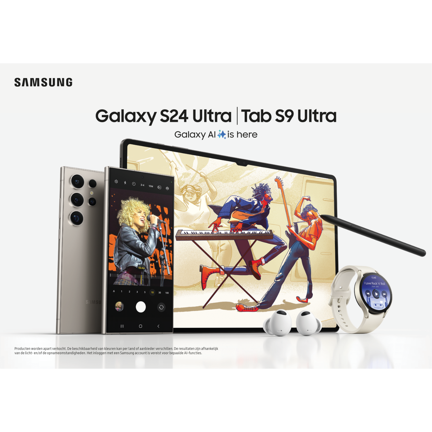 Urządzenia Samsung Galaxy S24 Ultra i Tab S9 Ultra, z zegarkiem, słuchawkami i piórem.