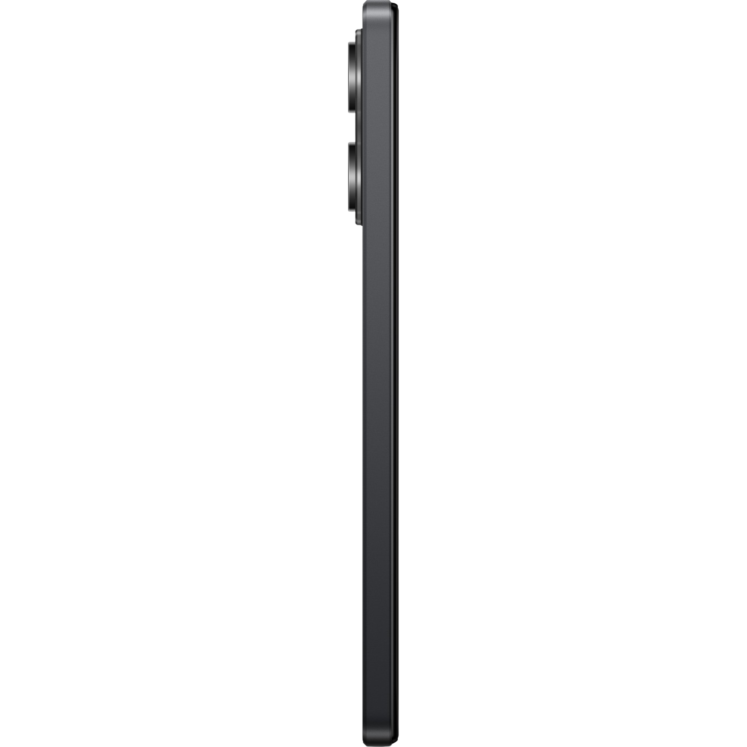 Seitenansicht eines dunkelgrauen Smartphones mit zwei Kameralinsen, vor schwarzem Hintergrund.