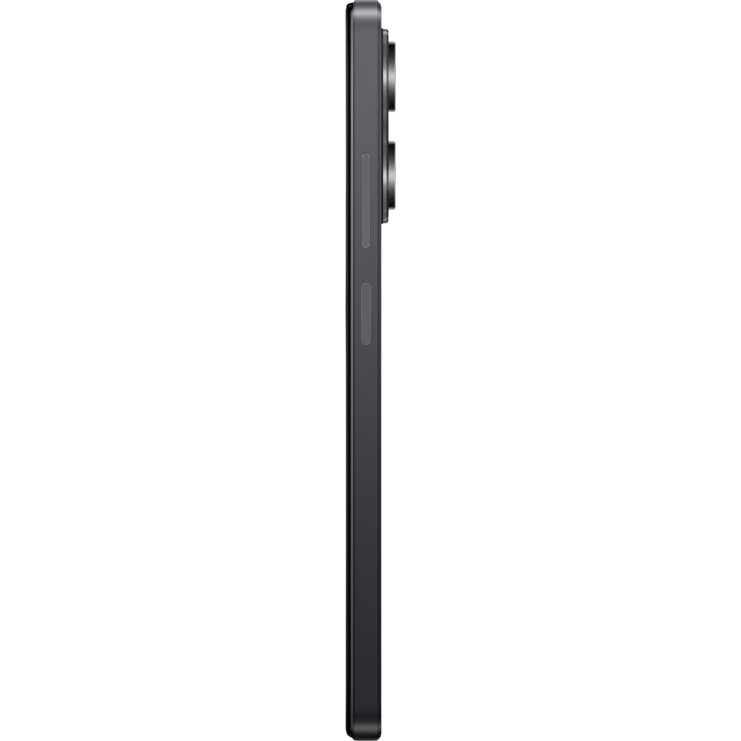 Schwarzes Smartphone-Profil, Seitenansicht, zeigt Kamerahöcker und Knöpfe, vor Schwarz.