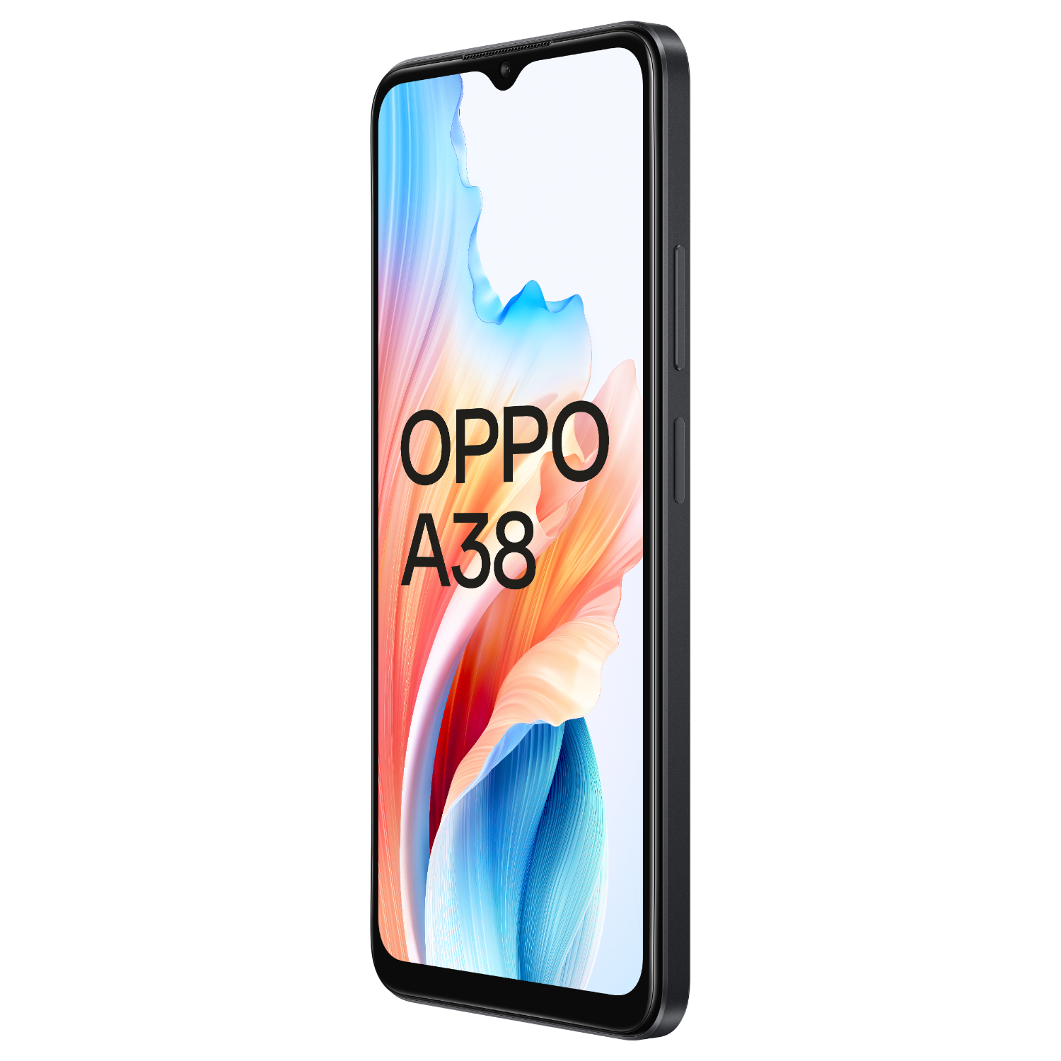 Telefono Oppo A38 nero su sfondo nero, mostra un design astratto colorato.