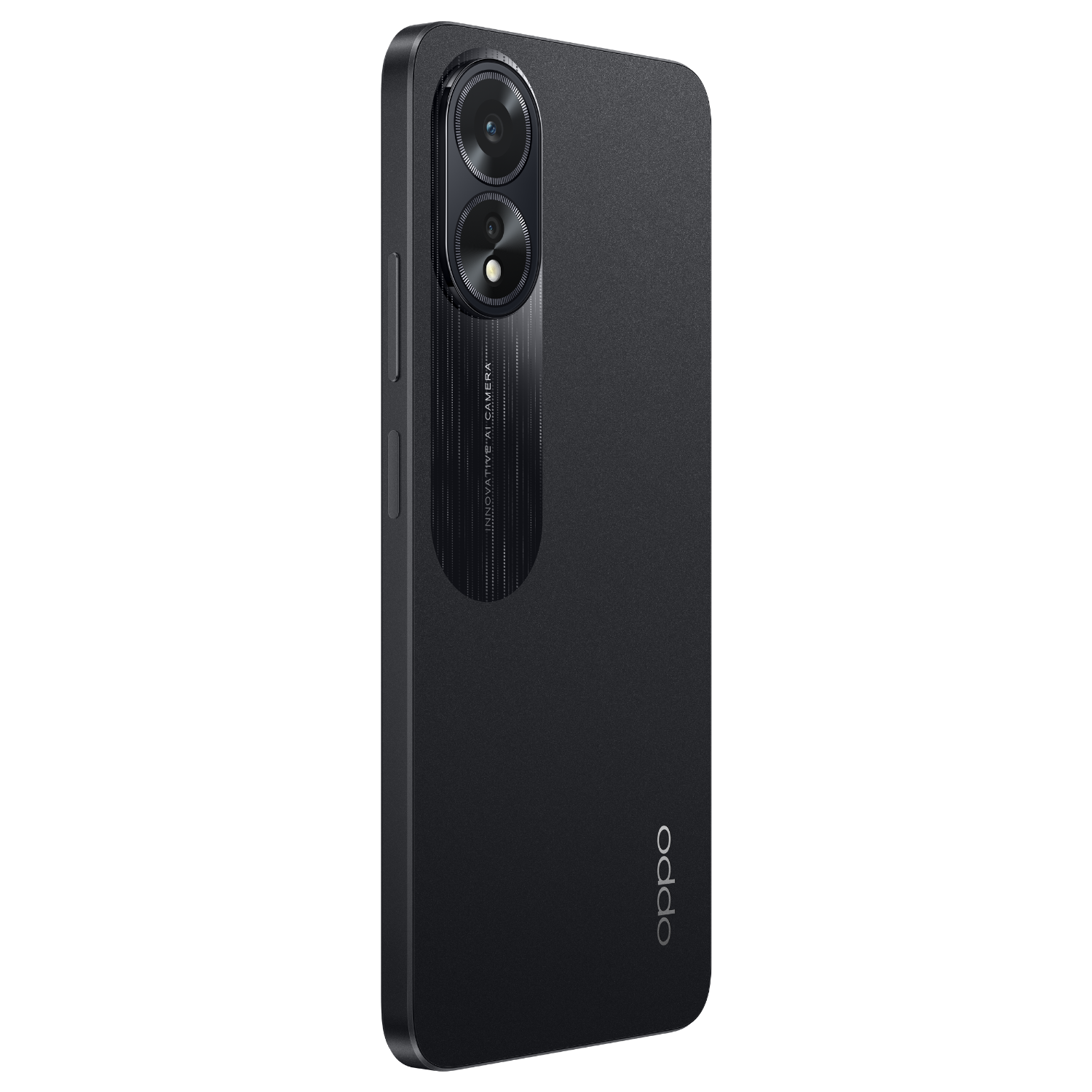 Uno smartphone nero, visto da dietro, con obiettivi della fotocamera. Il logo Oppo è visibile.