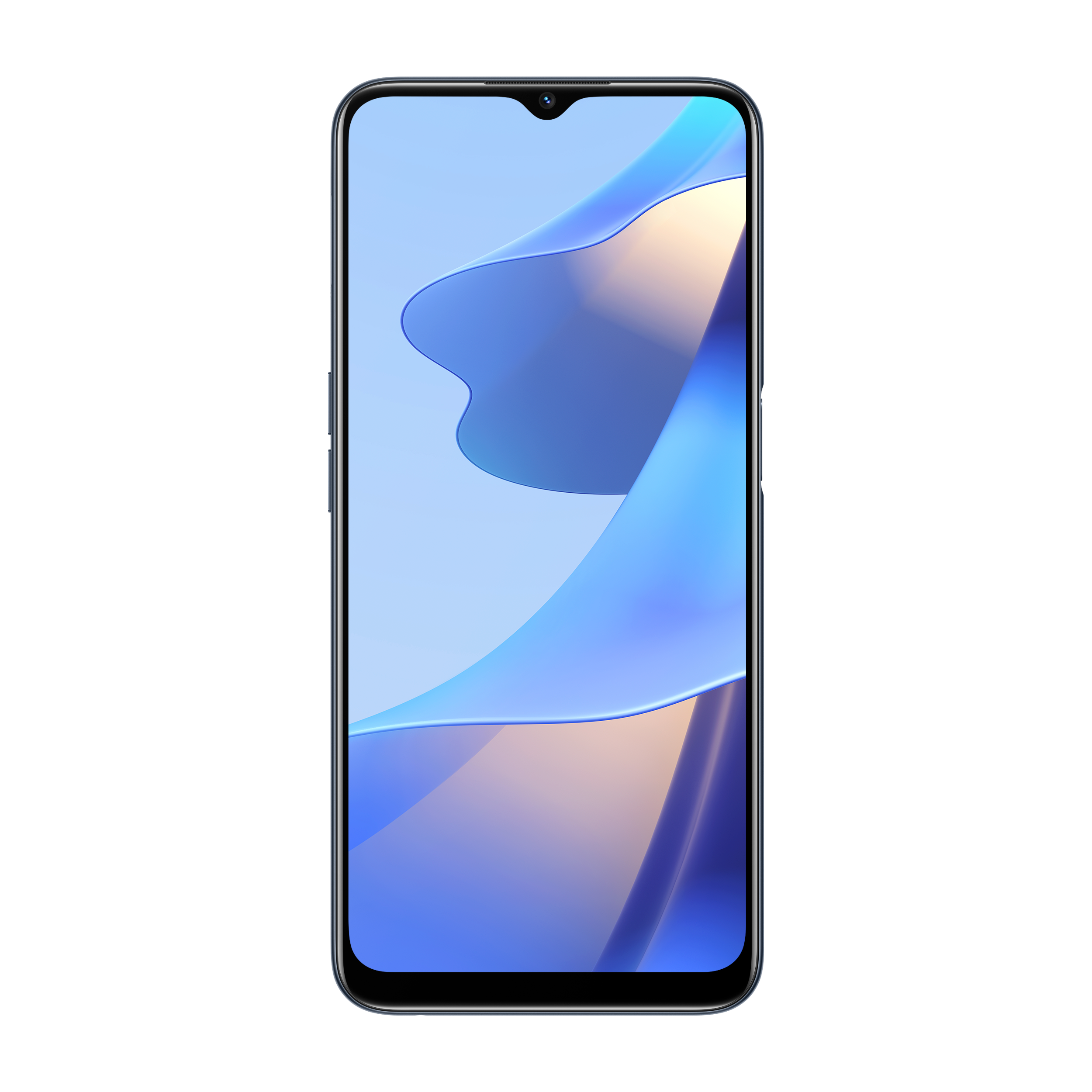 Smartfon z niebieskim, abstrakcyjnym tłem na ekranie, wyświetlany na czarnym tle.