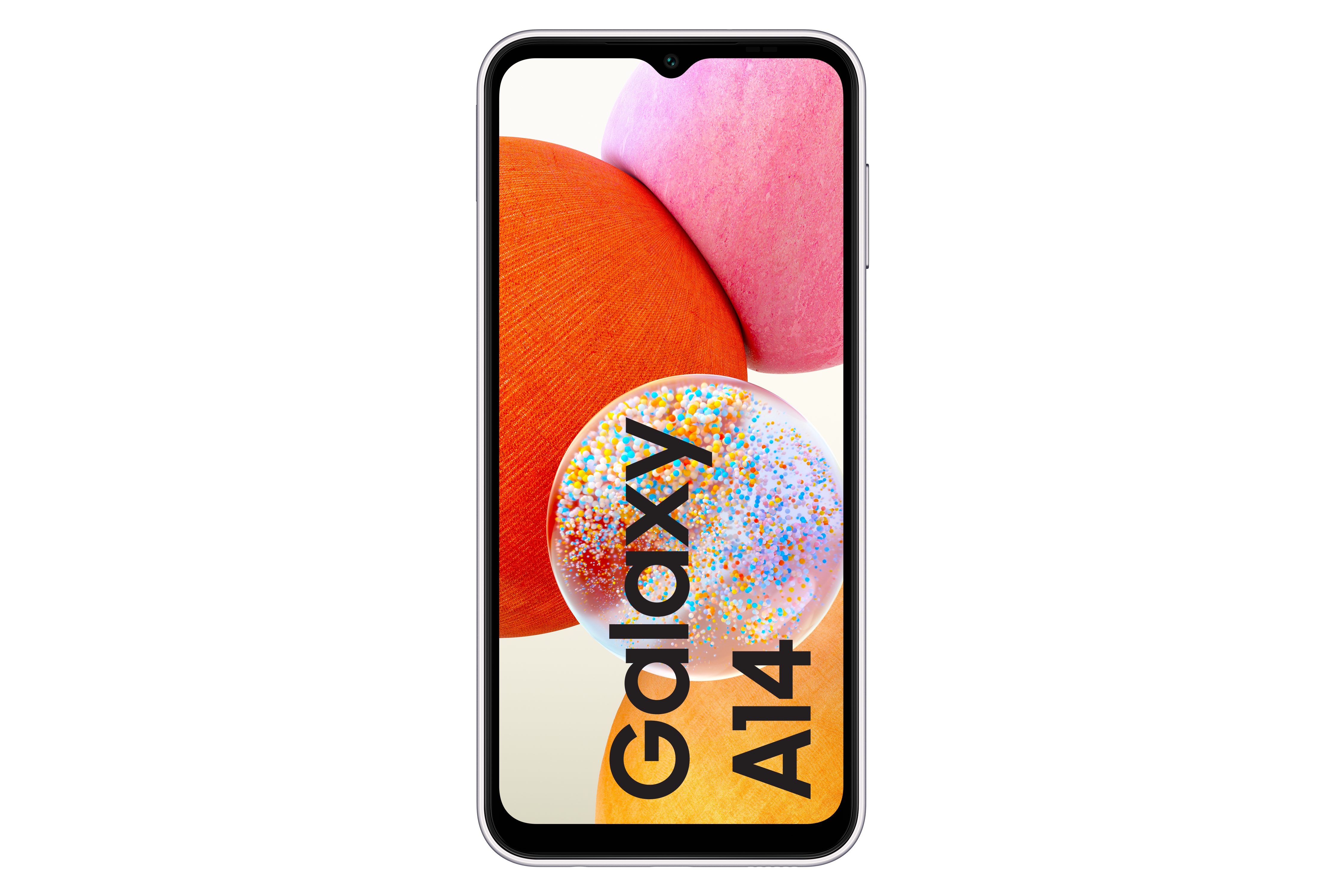 Biały telefon z pomarańczowymi i różowymi kształtami na ekranie, tekst Galaxy A14.