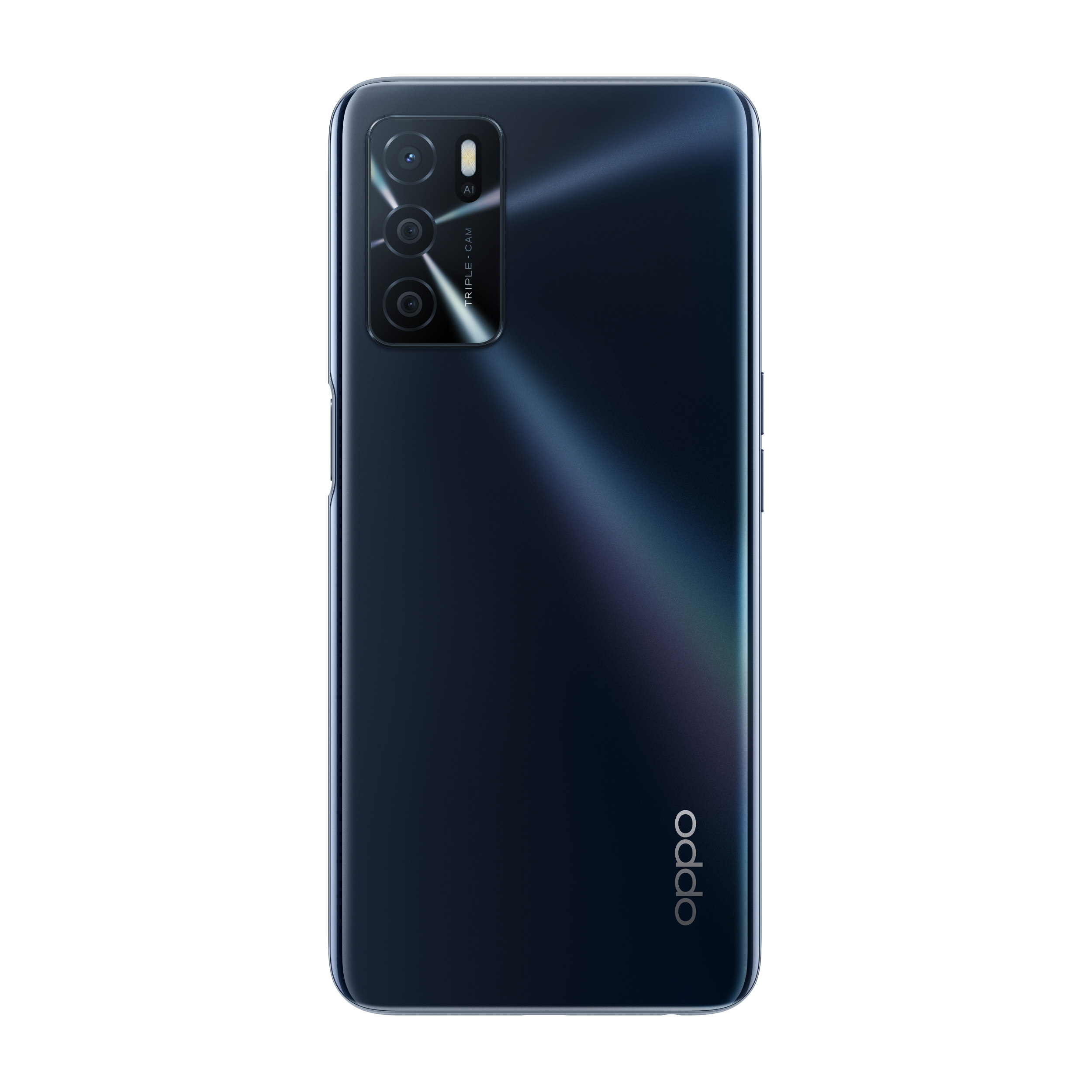 Tył granatowego smartfona Oppo z potrójnym aparatem i logo Oppo.