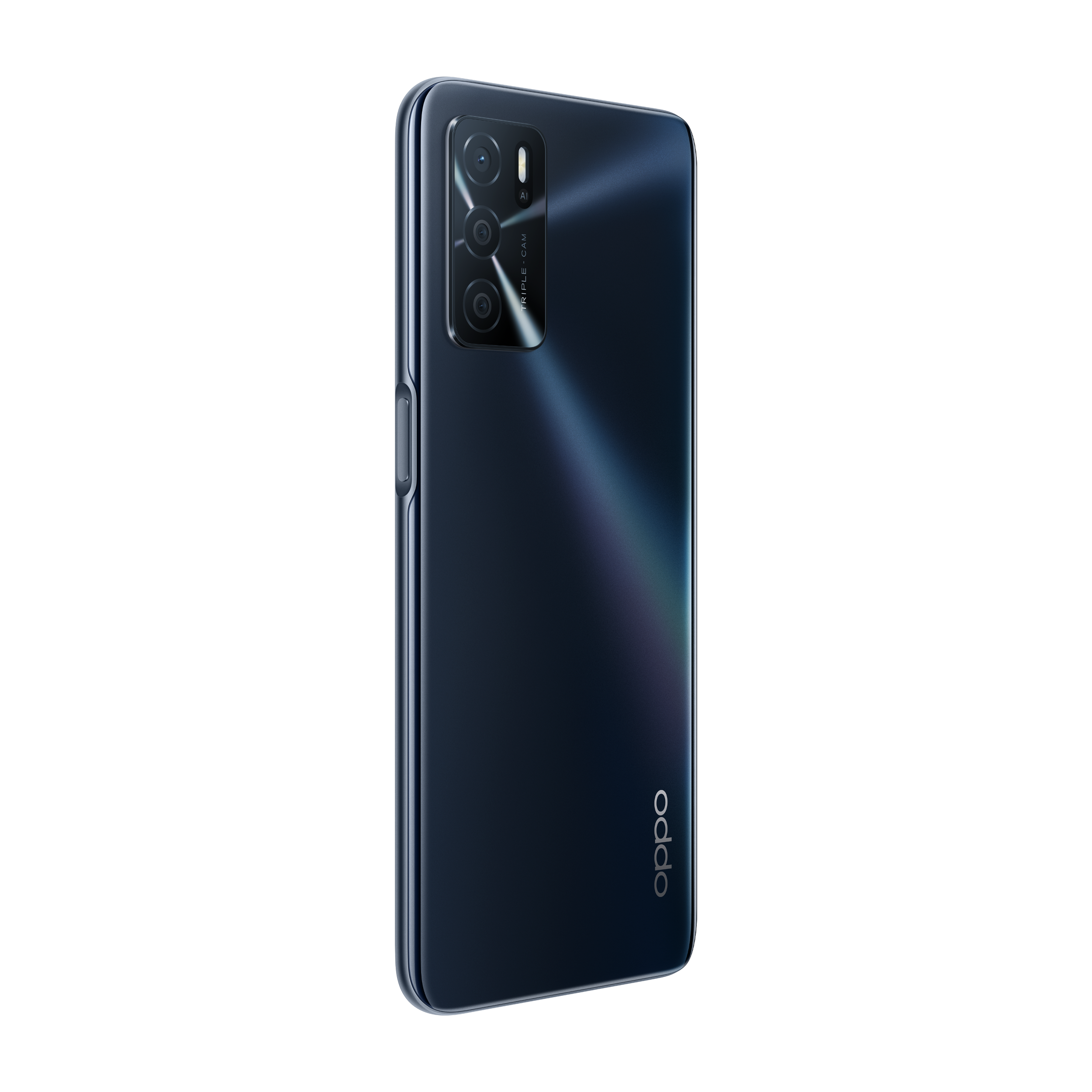 Ciemnoniebieski smartfon z potrójnym aparatem. Czarne tło. Widoczne logo Oppo.