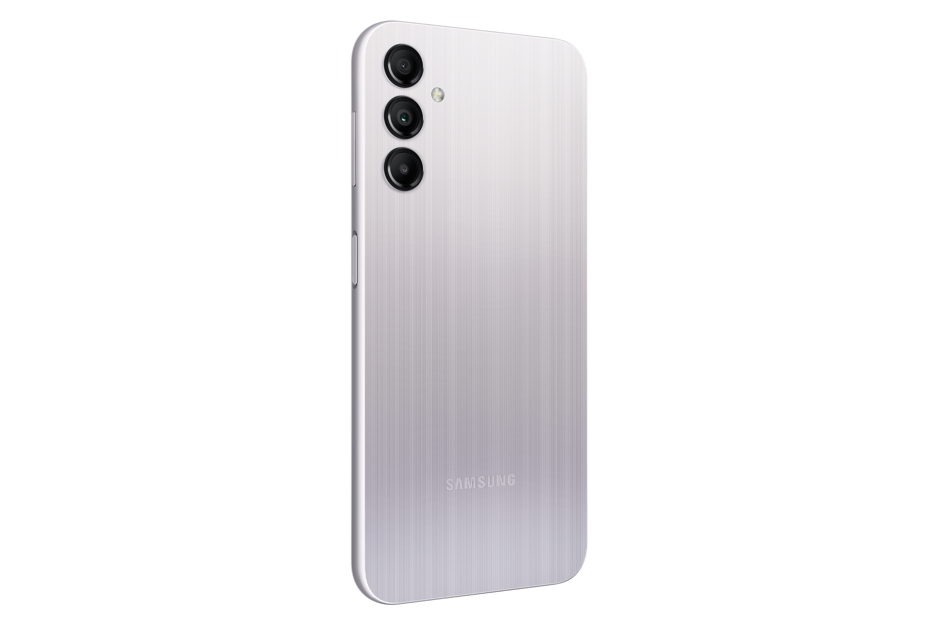 Srebrny smartfon z trzema tylnymi aparatami. Telefon widać od tyłu na czarnym tle.