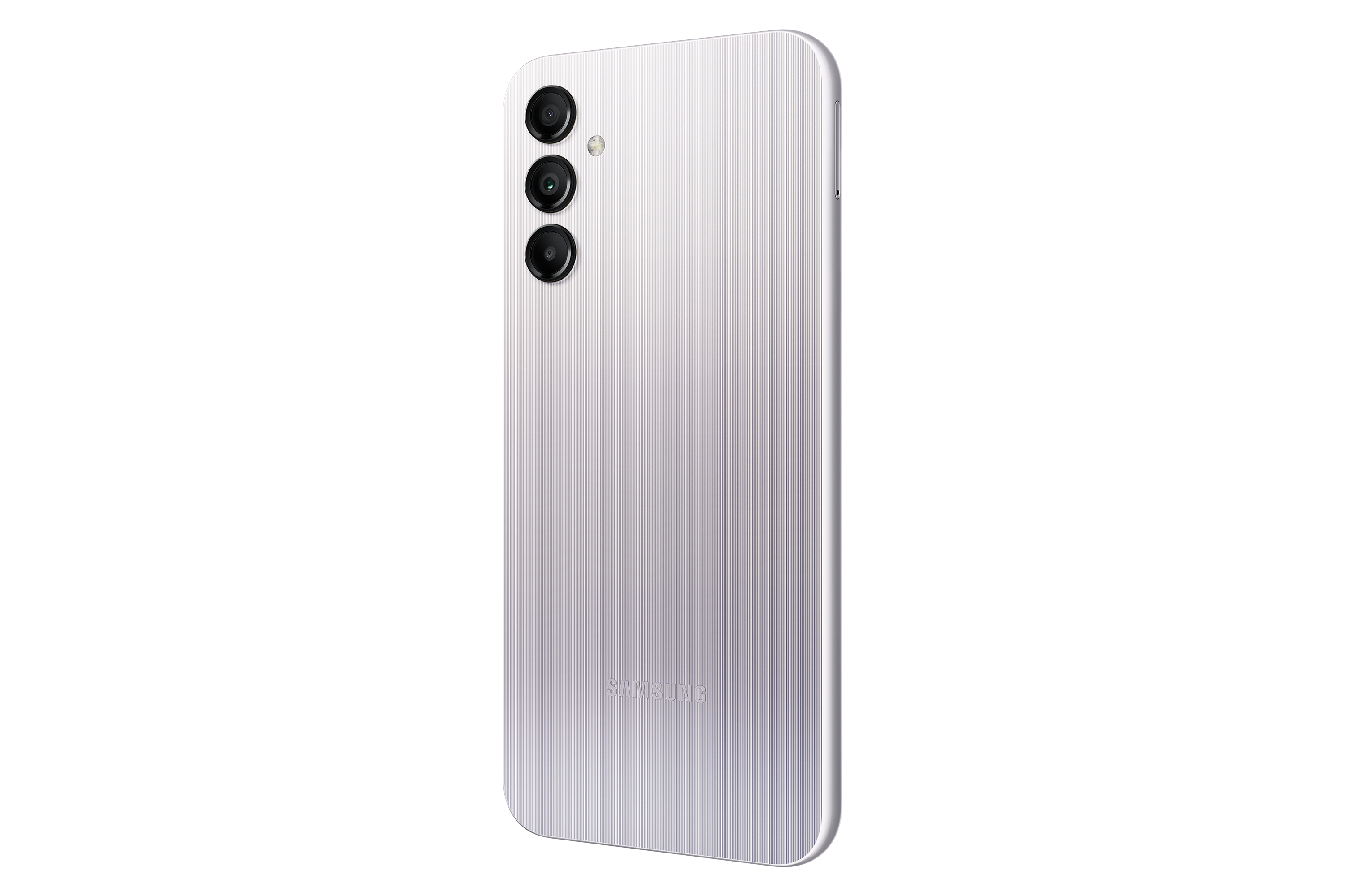 Srebrny smartfon z trzema aparatami, logo Samsung, czarne tło.