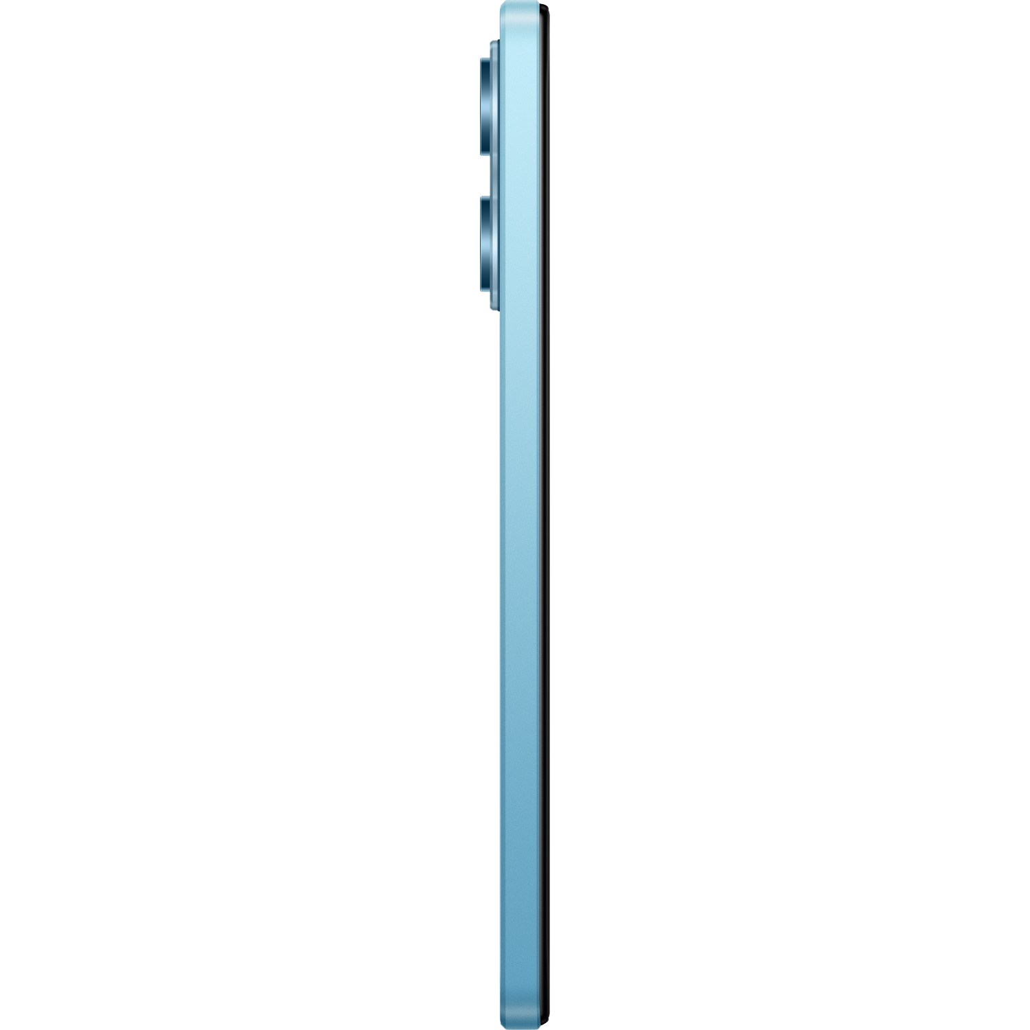 Ein hellblaues Telefon von der Seite gesehen. Der Hintergrund ist schwarz.