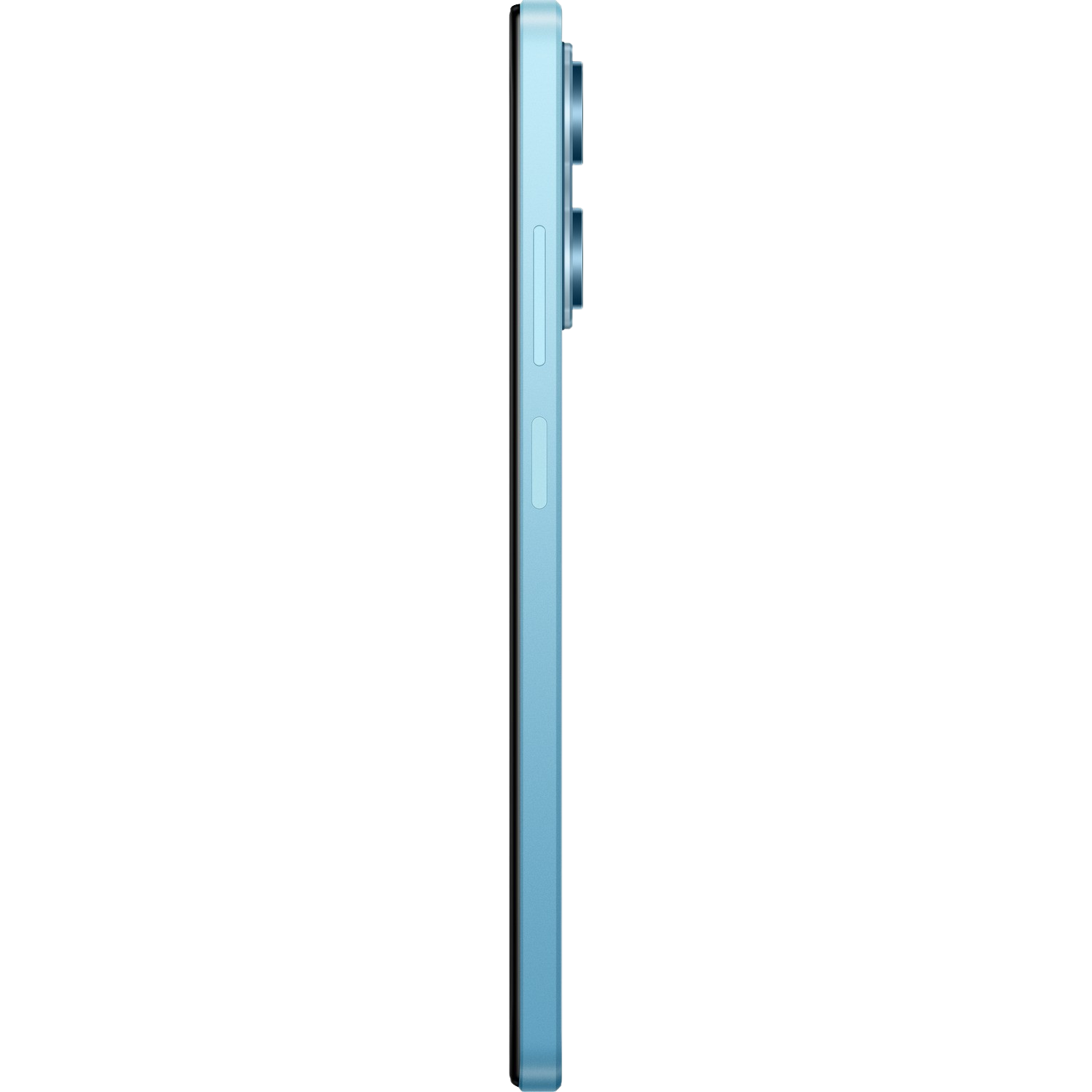 Seitenansicht eines hellblauen Smartphones auf schwarzem Hintergrund. Das Telefon hat zwei Kameras.