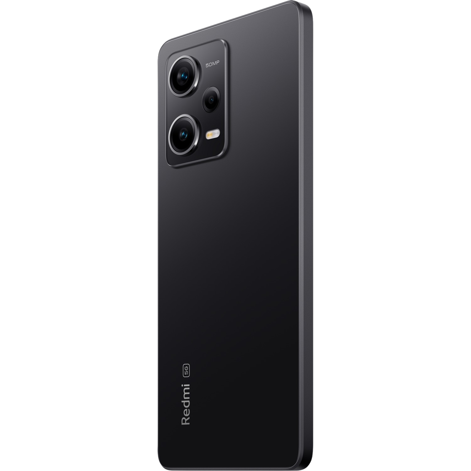 Czarny smartfon, widok z tyłu, z trzema aparatami. Logo Redmi na dole.