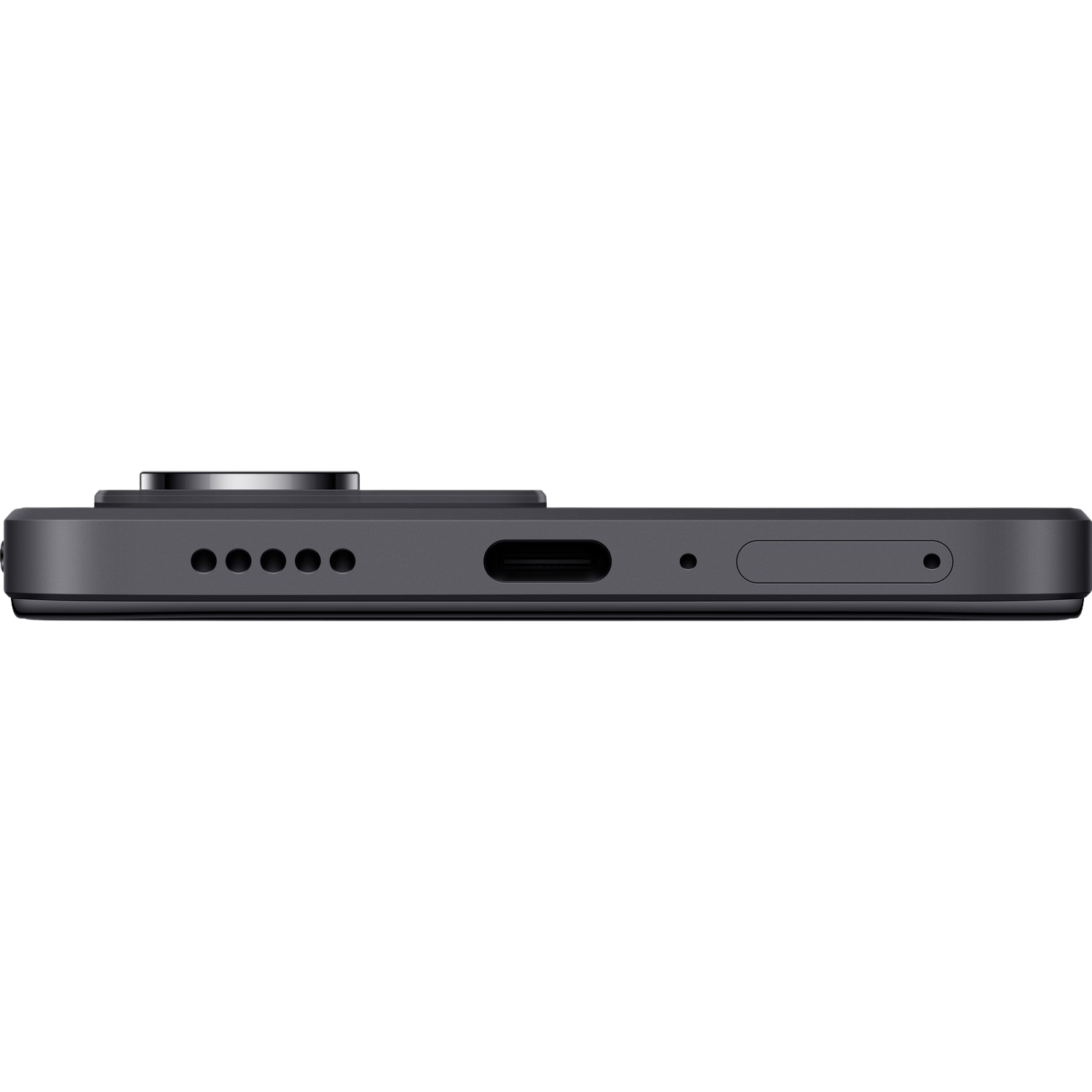 Widok z boku ciemnoszarego smartfona z portami, aparatem i głośnikiem.