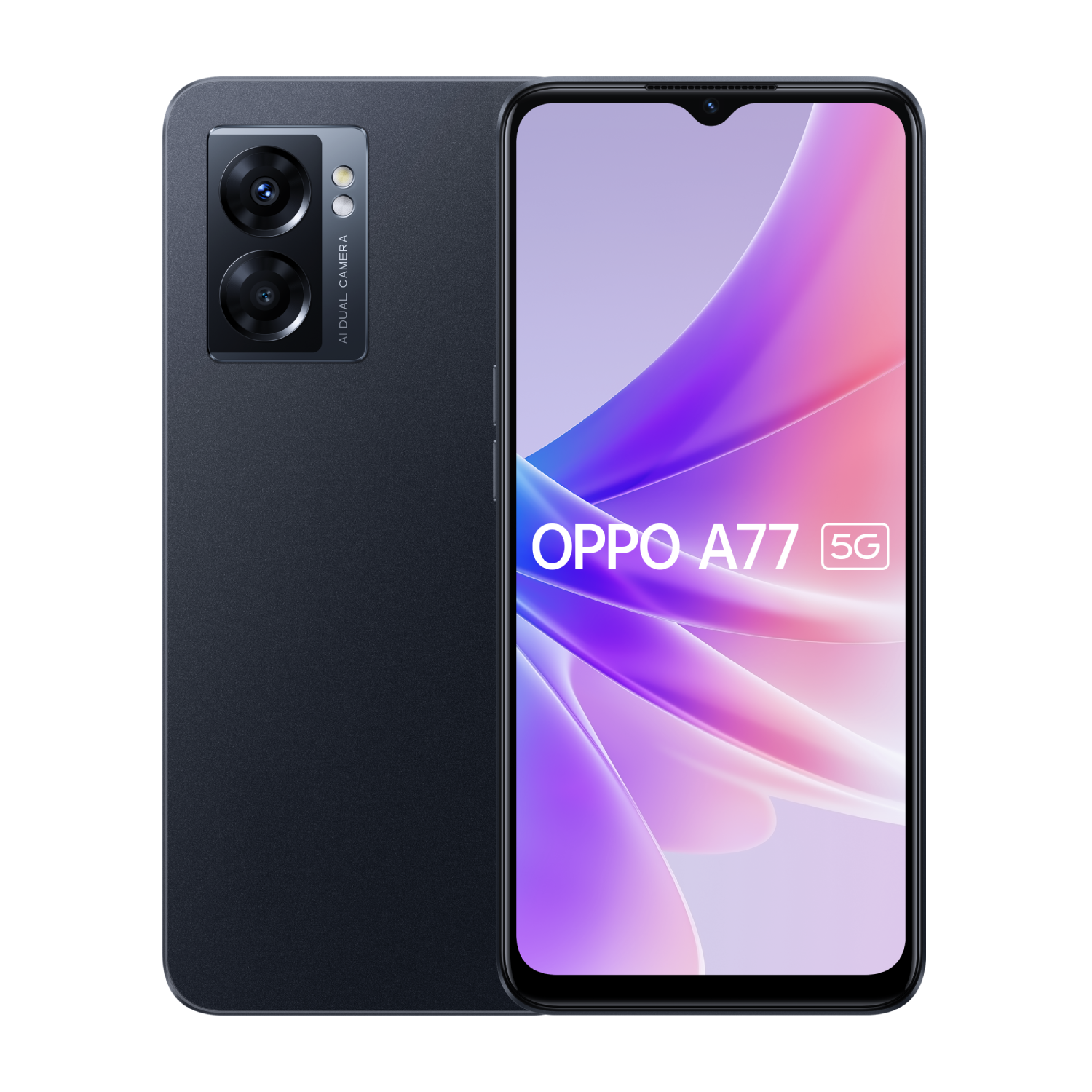 Schwarzes Smartphone mit AI Dual Kamera und OPPO A77 5G Text auf dem Bildschirm.