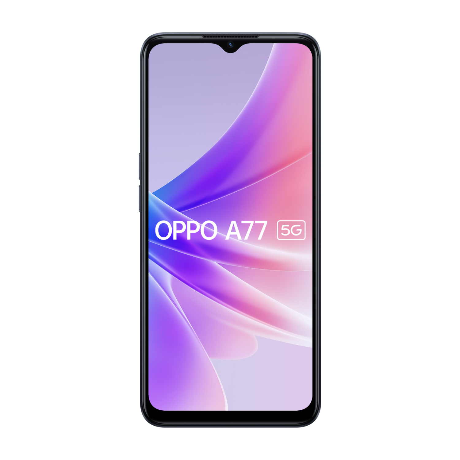 Un teléfono Oppo A77 5G púrpura, con un diseño abstracto púrpura claro en la pantalla.