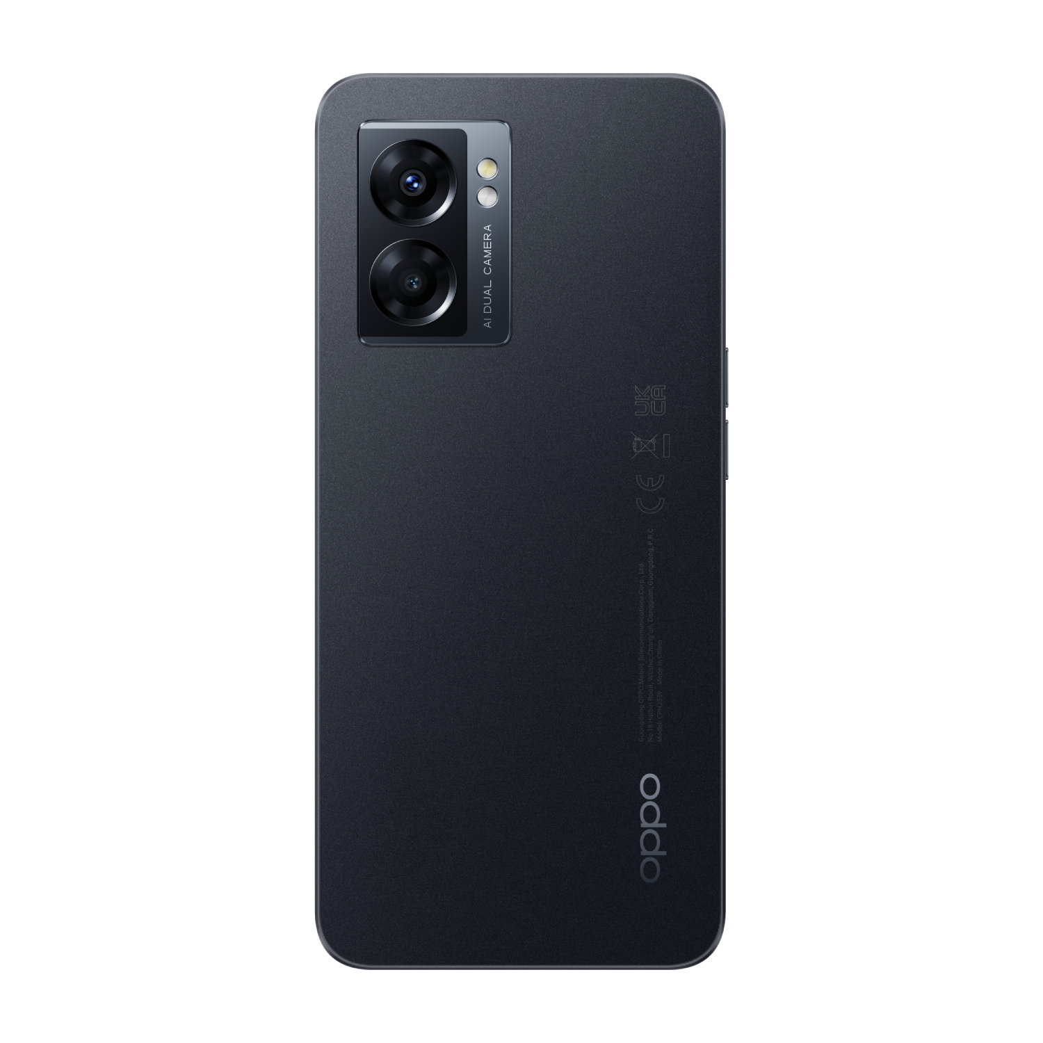 Parte trasera del teléfono Oppo negro. Cámara dual, logotipo Oppo y texto. Fondo negro.
