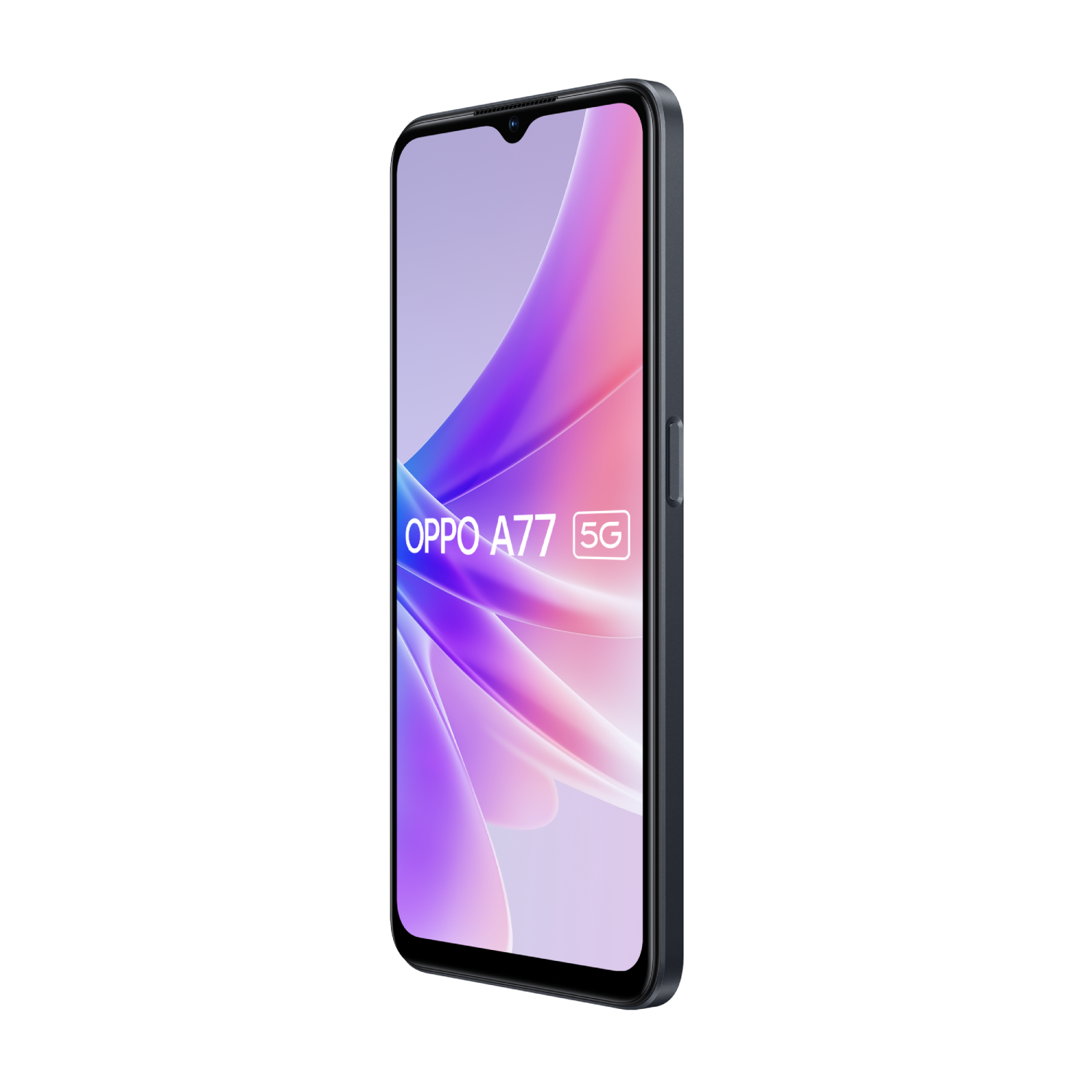 Un teléfono inteligente negro con una pantalla que muestra gráficos coloridos; el teléfono se titula OPPO A77 5G.
