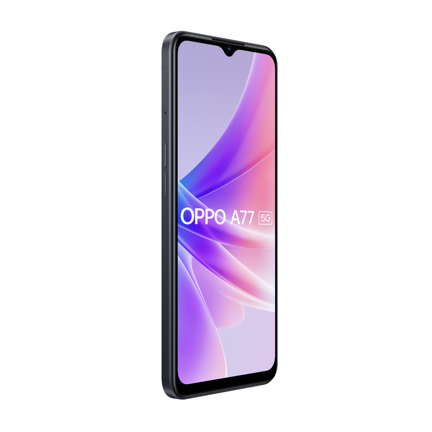 Smartphone Oppo A77 5G negro y azul, vista lateral, sobre fondo negro.