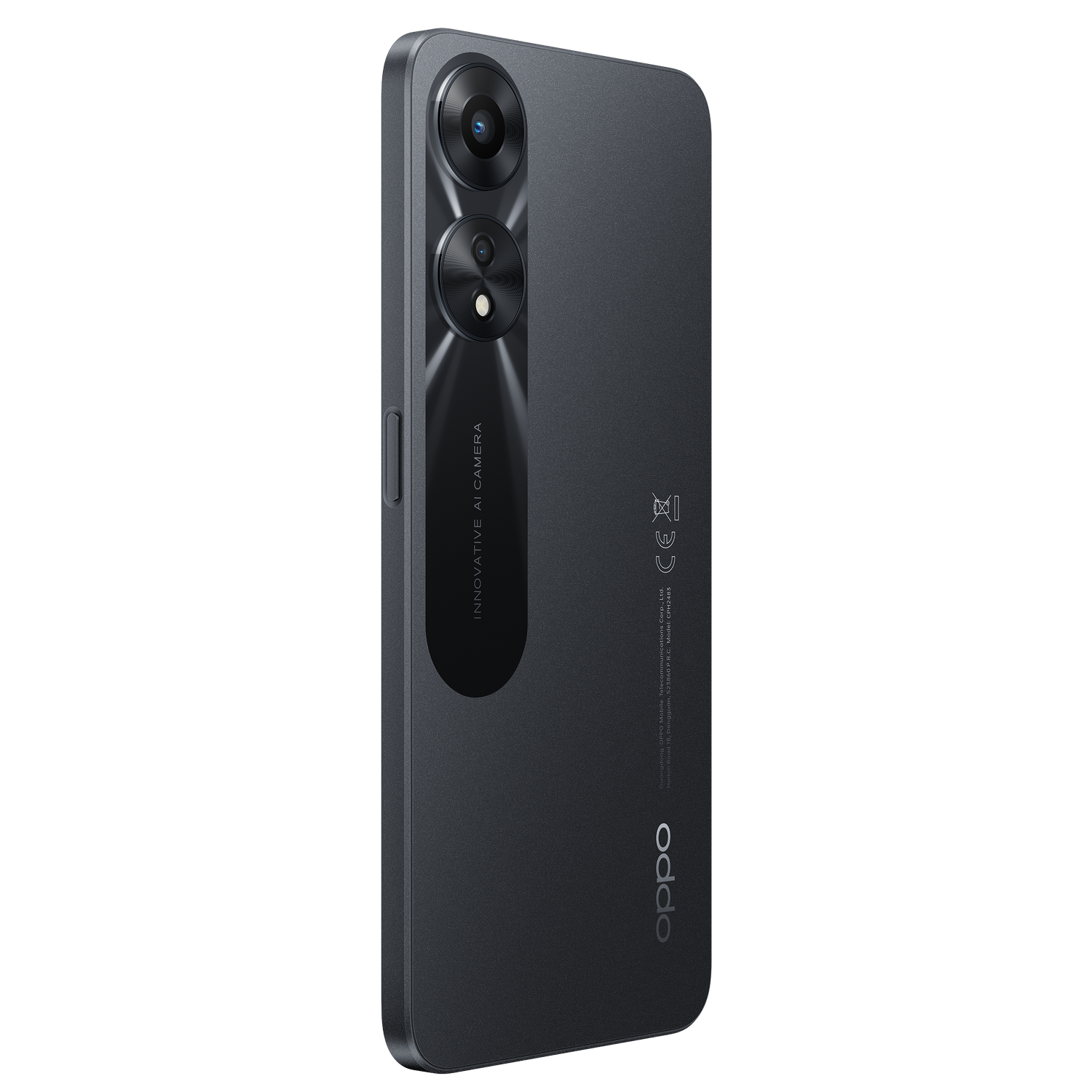 Ciemnoszary telefon OPPO, widok z tyłu. Dwa aparaty i logo OPPO.