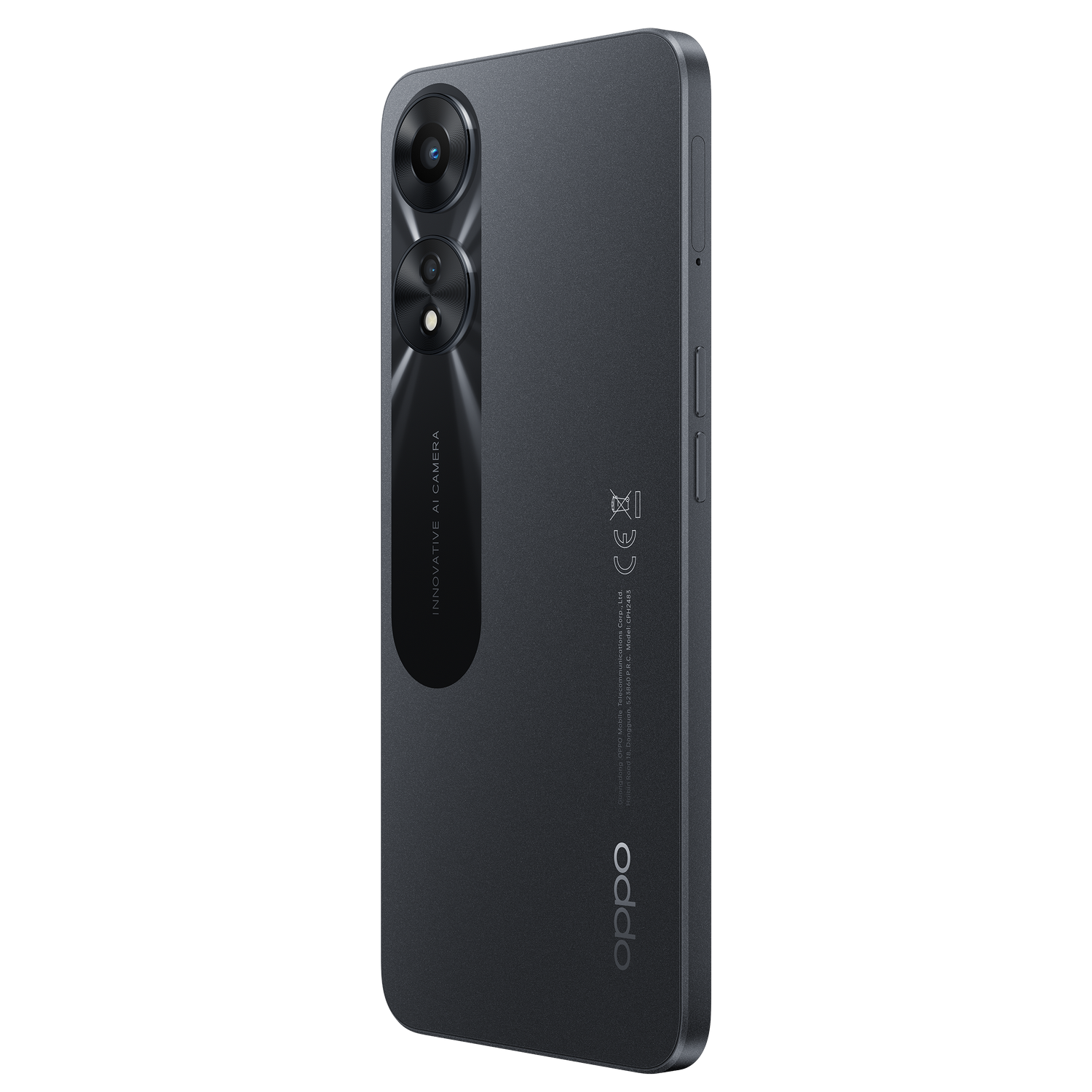 Czarny telefon Oppo, widok z tyłu, z dwoma aparatami i logo Oppo.