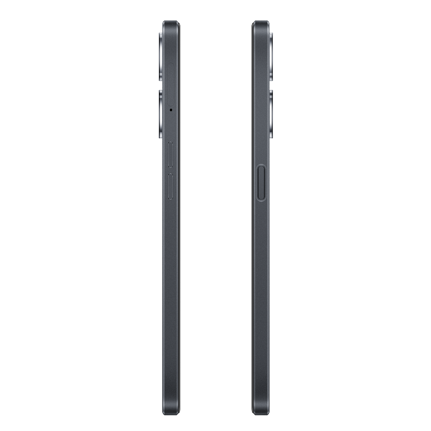 Dwa widoki boczne ciemnoszarego smartfona. Lewa strona ma przyciski.
