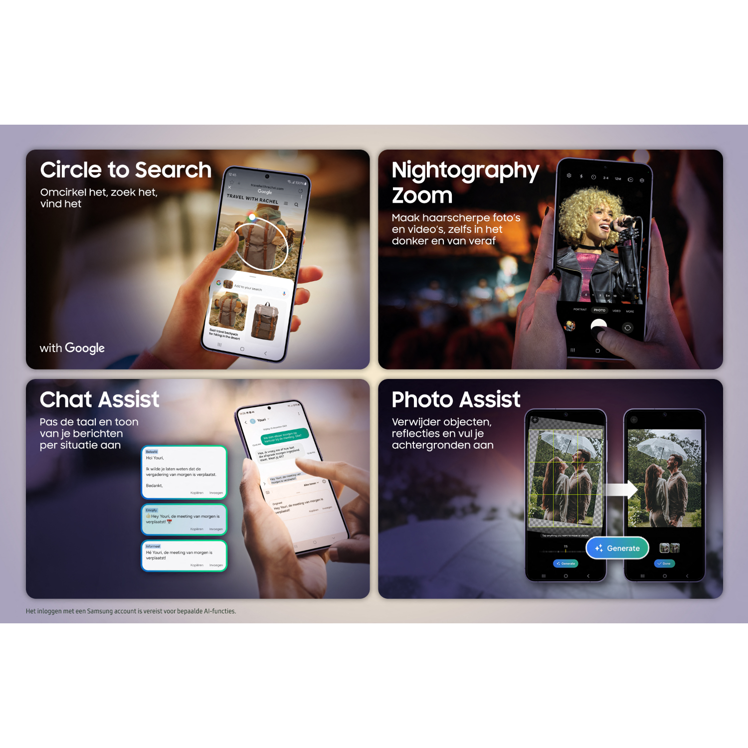 Cztery kwadraty prezentujące funkcje telefonów Samsung: Circle to Search, Nightography Zoom, Chat Assist i Photo Assist.