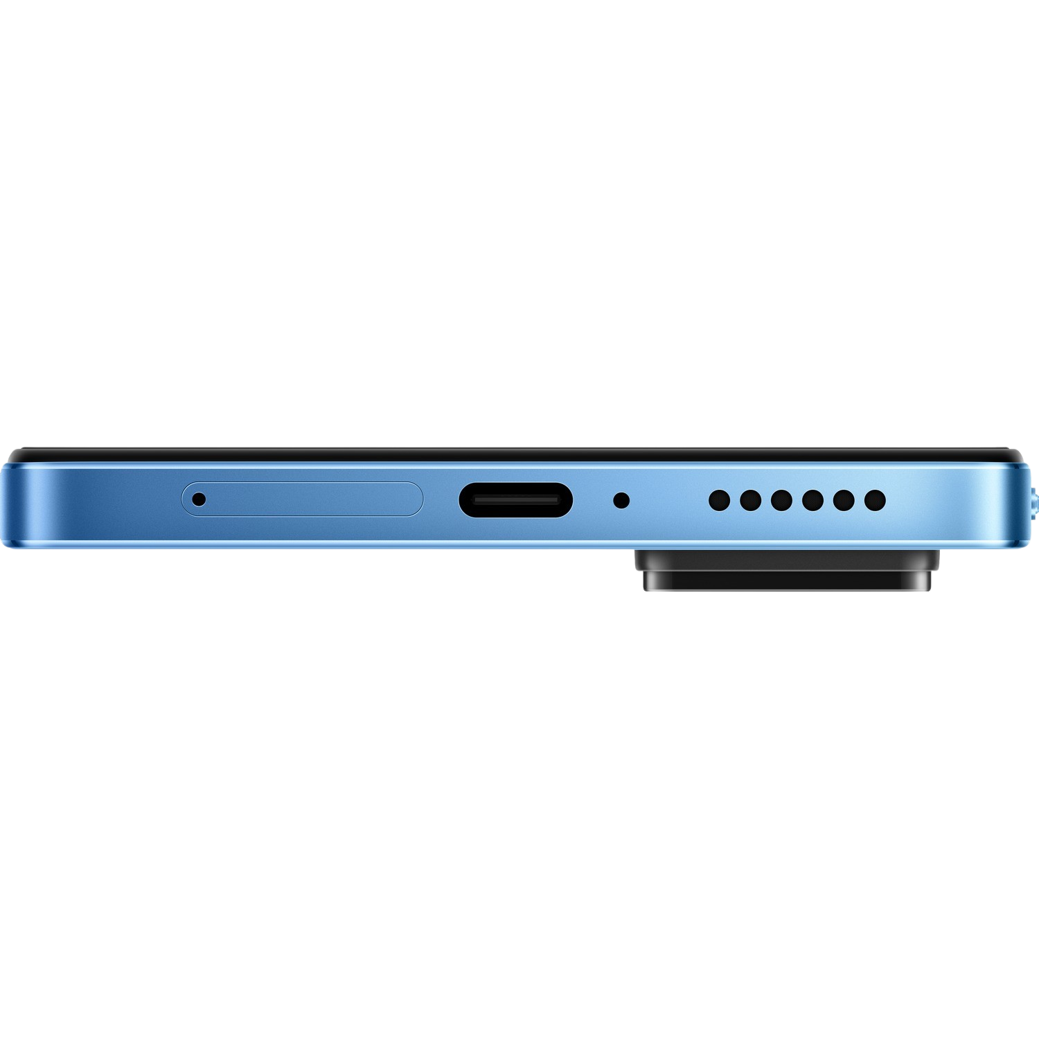 Dolna krawędź niebieskiego telefonu. Zawiera port ładowania, głośnik, mikrofon i gniazdo SIM. Czarne tło.