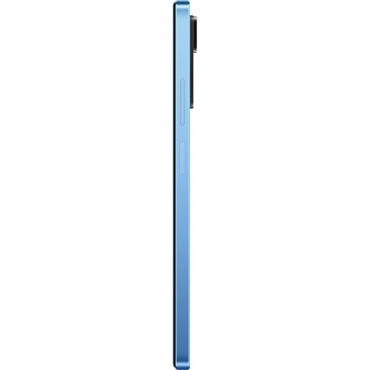 Niebieski smartfon z boku, czarne tło, przyciski z boku.