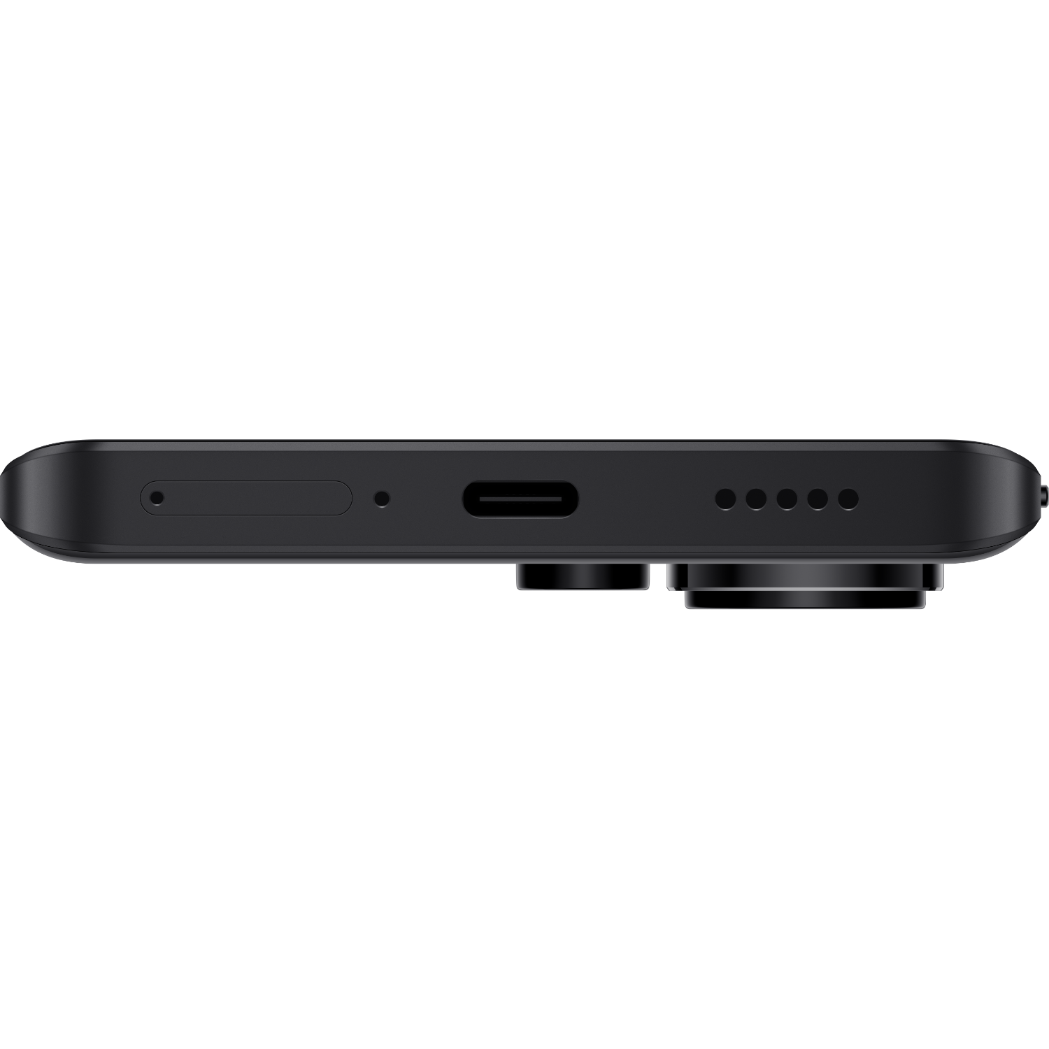 Widok z boku czarnego telefonu, widoczne porty: SIM, USB-C i głośniki.